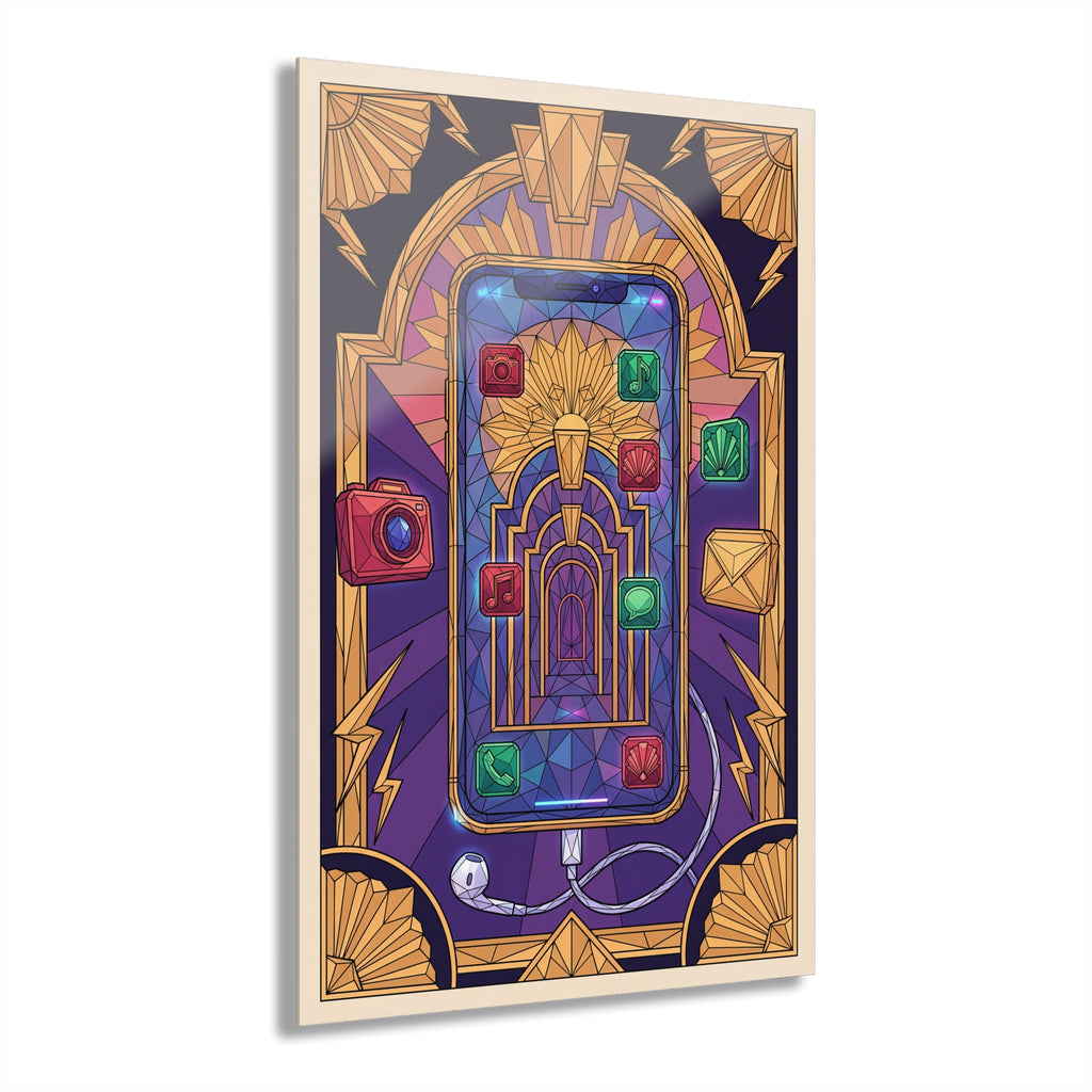 Framed acrylic glass wall art of a colorful geometric gaming smartphone design in purple and gold