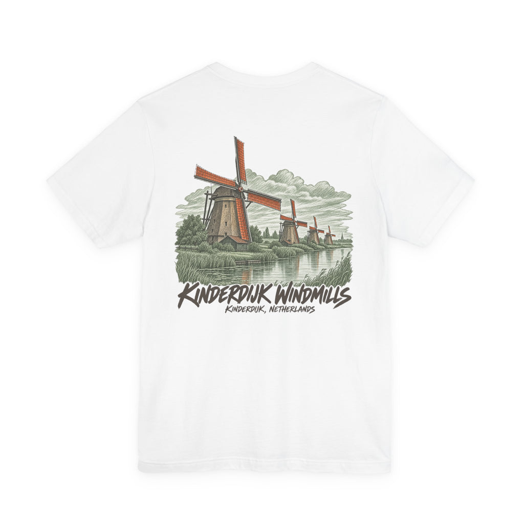 White crew-neck t-shirt with colorful Kinderdijk windmill front graphic