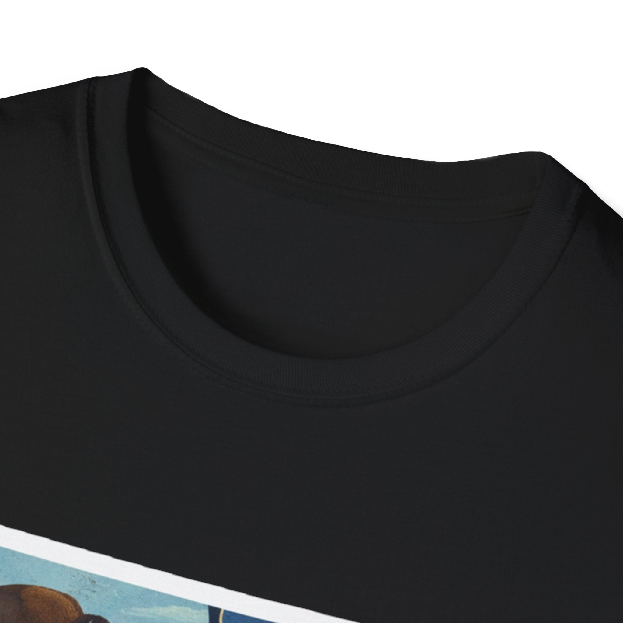 North Dakota T-shirt in black with crew neck close-up and partial front graphic