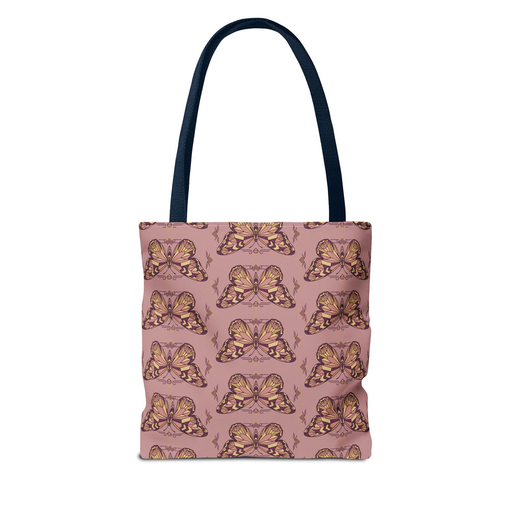 Pink tote bag with all-over vintage butterfly pattern and navy handles