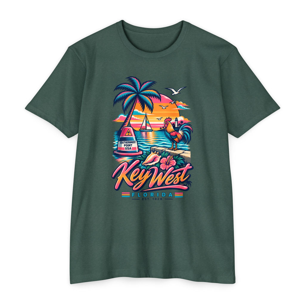 Forest green crewneck T-shirt with Key West Florida beach graphic and palm tree