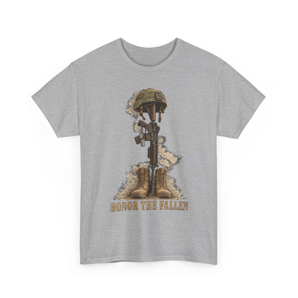 Heather gray crew-neck T-shirt with fallen soldier helmet, rifle, boots graphic and “HONOR THE FALLEN”