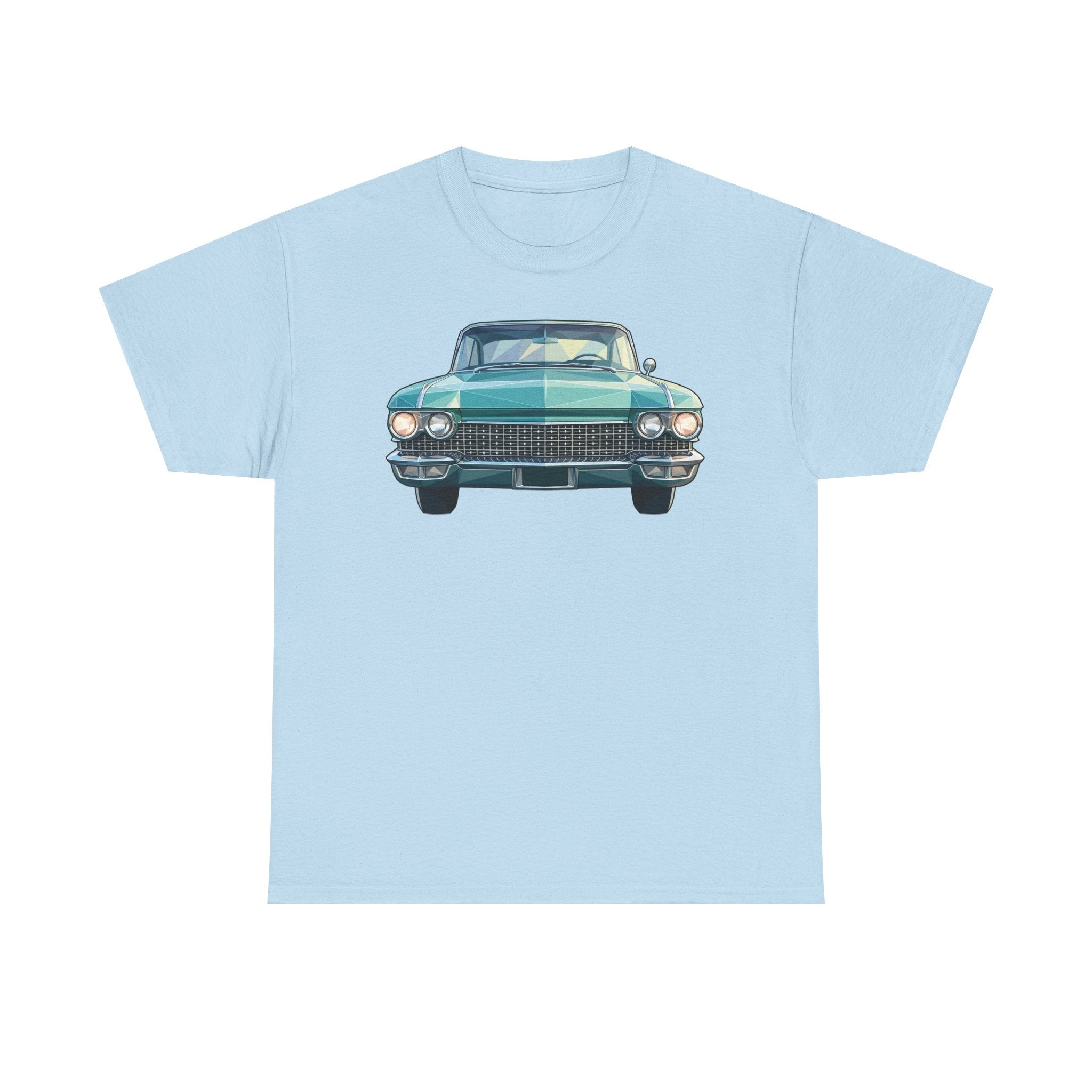 Light blue crew-neck T-shirt with front car illustration graphic
