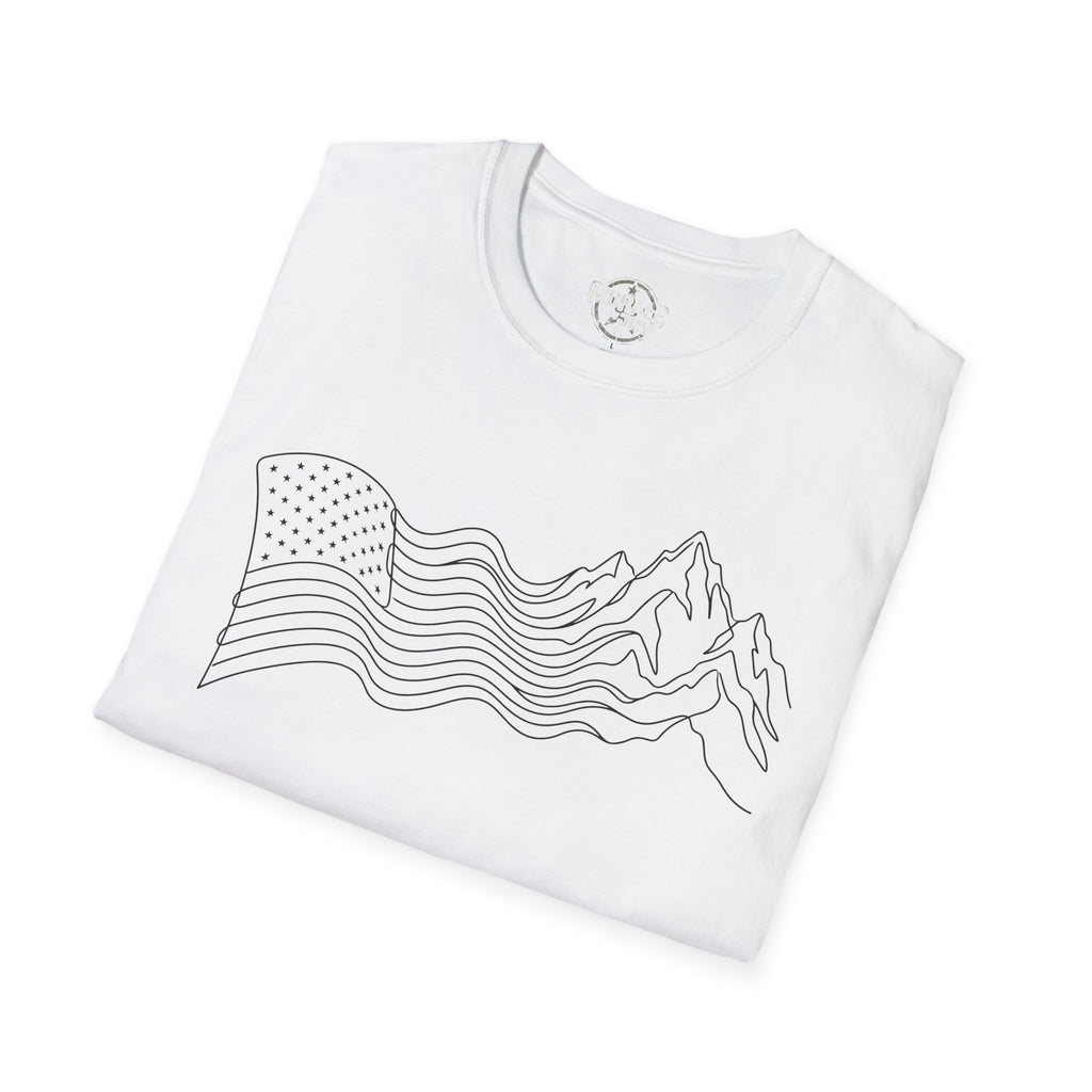 White T-shirt with mountain line-art skyline, wave stripes, and star flag graphic