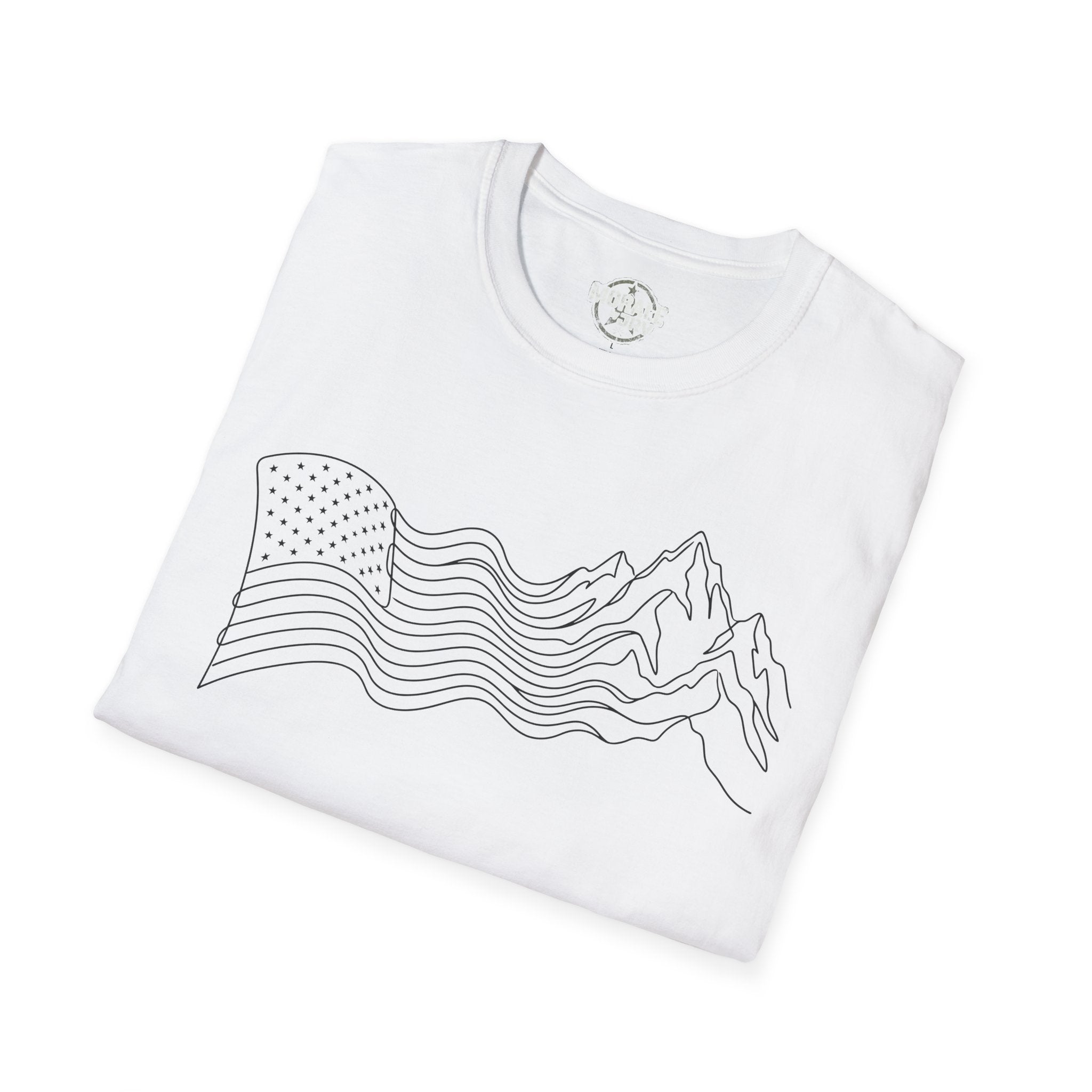White T-shirt with mountain line-art skyline, wave stripes, and star flag graphic