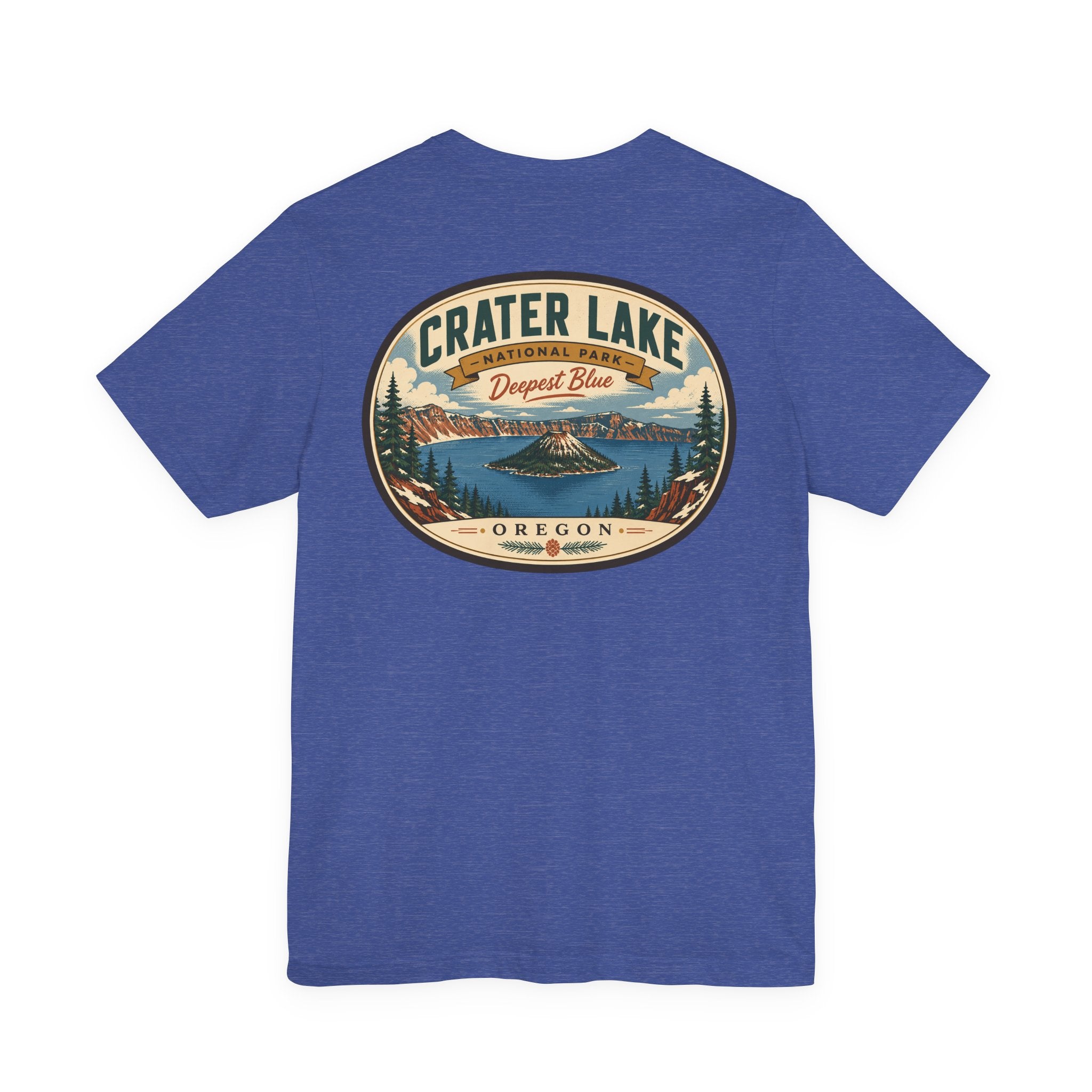 Royal blue t-shirt with Crater Lake Oregon circular lake-and-mountain graphic