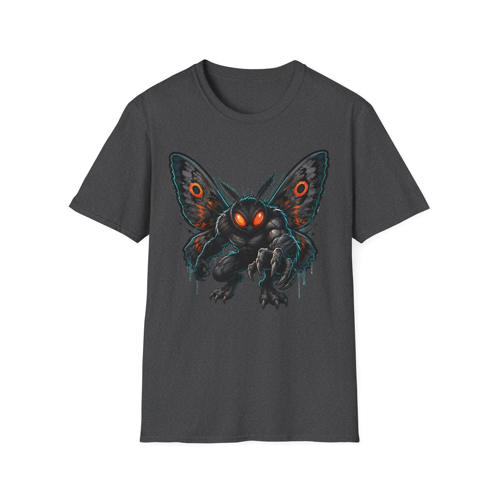 Dark gray monster moth graphic T-shirt with glowing eyes front print
