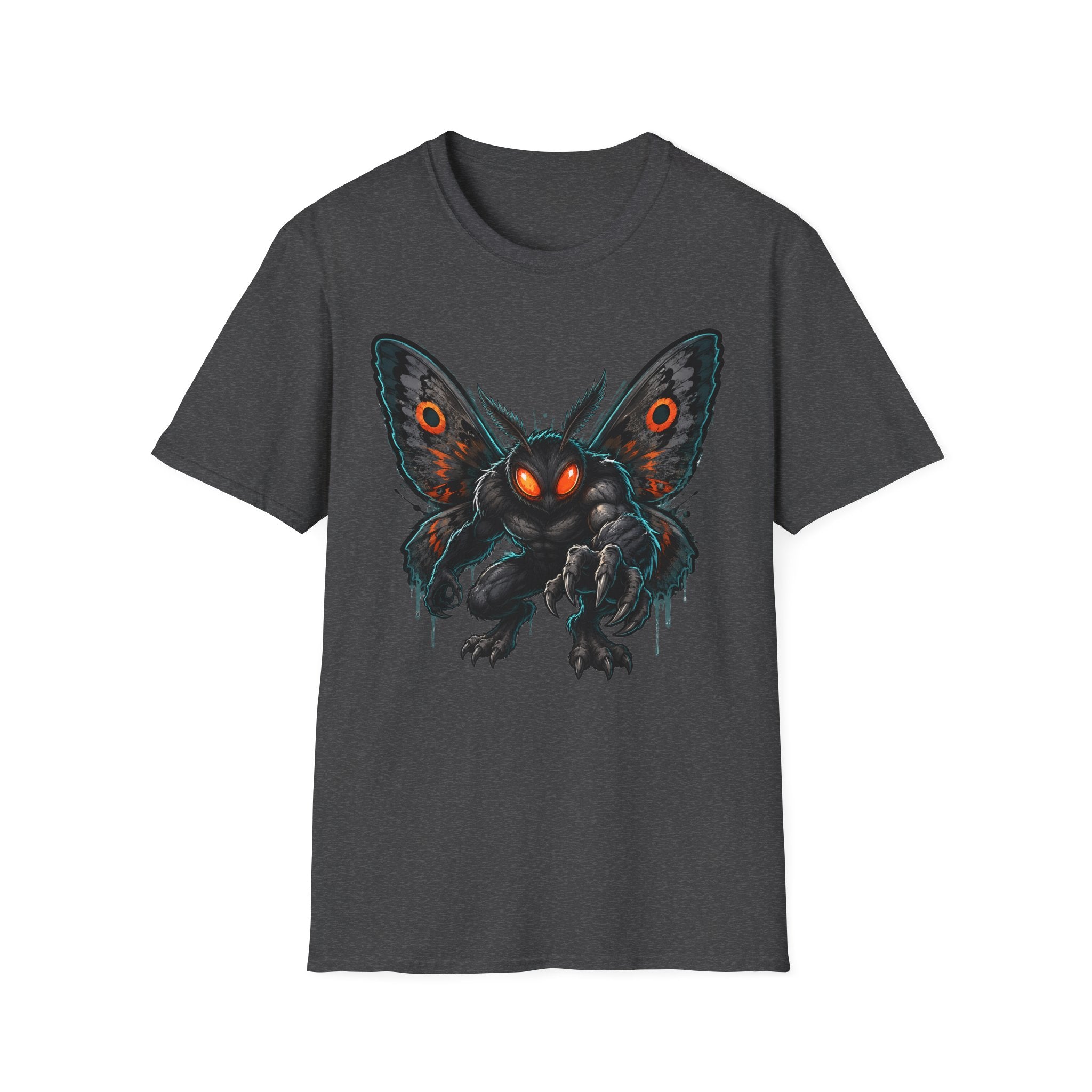 Dark gray monster moth graphic T-shirt with glowing eyes front print