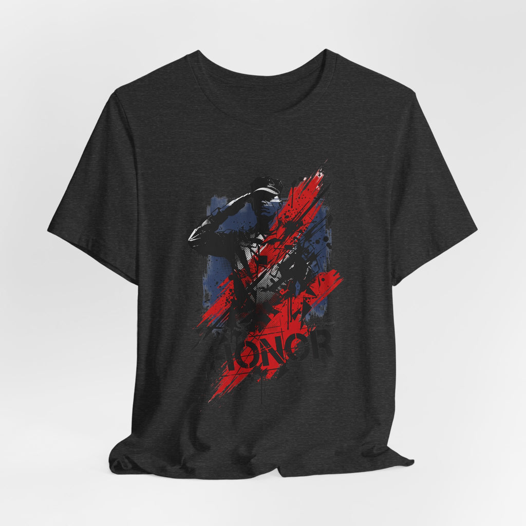 Dark gray crewneck T-shirt with soldier silhouette graphic in red and black splatter.