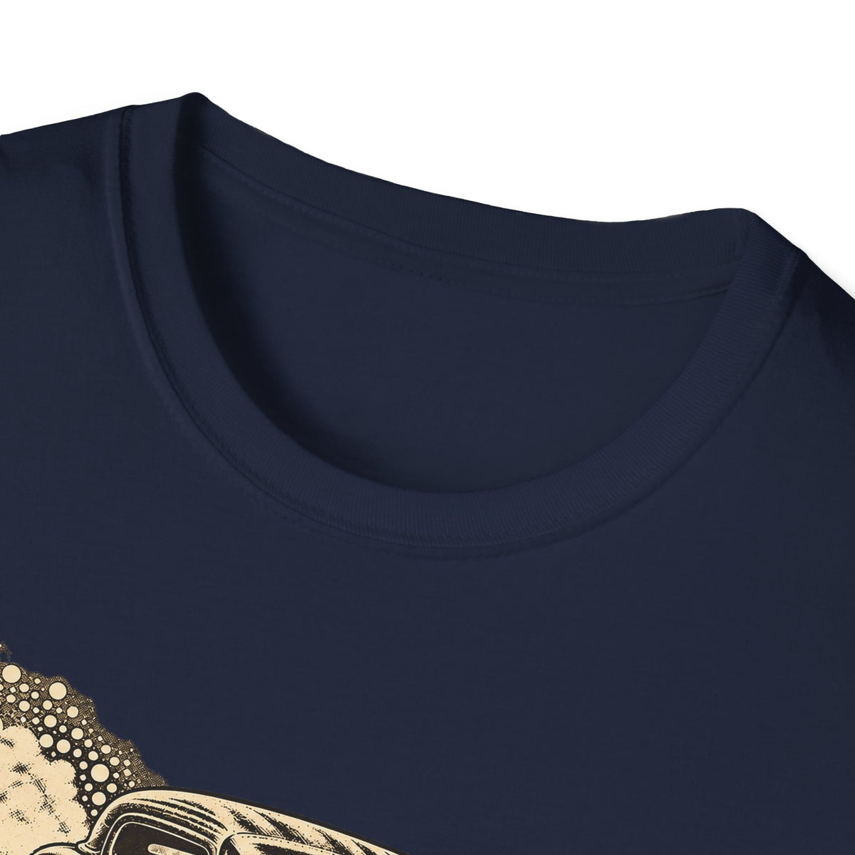 Navy t-shirt with partial vintage car graphic near lower left