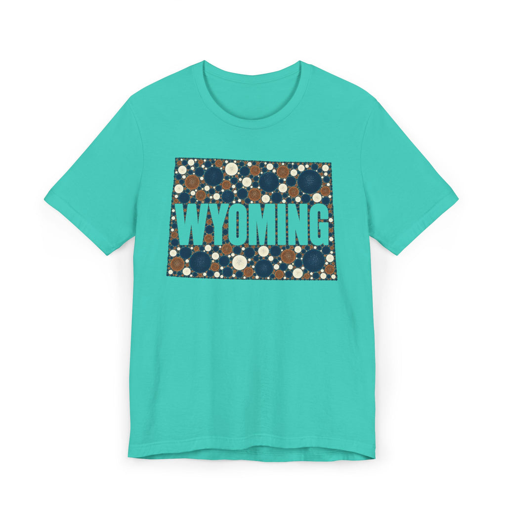 Teal crew-neck T-shirt with Wyoming polka-dot map graphic and WYOMING text