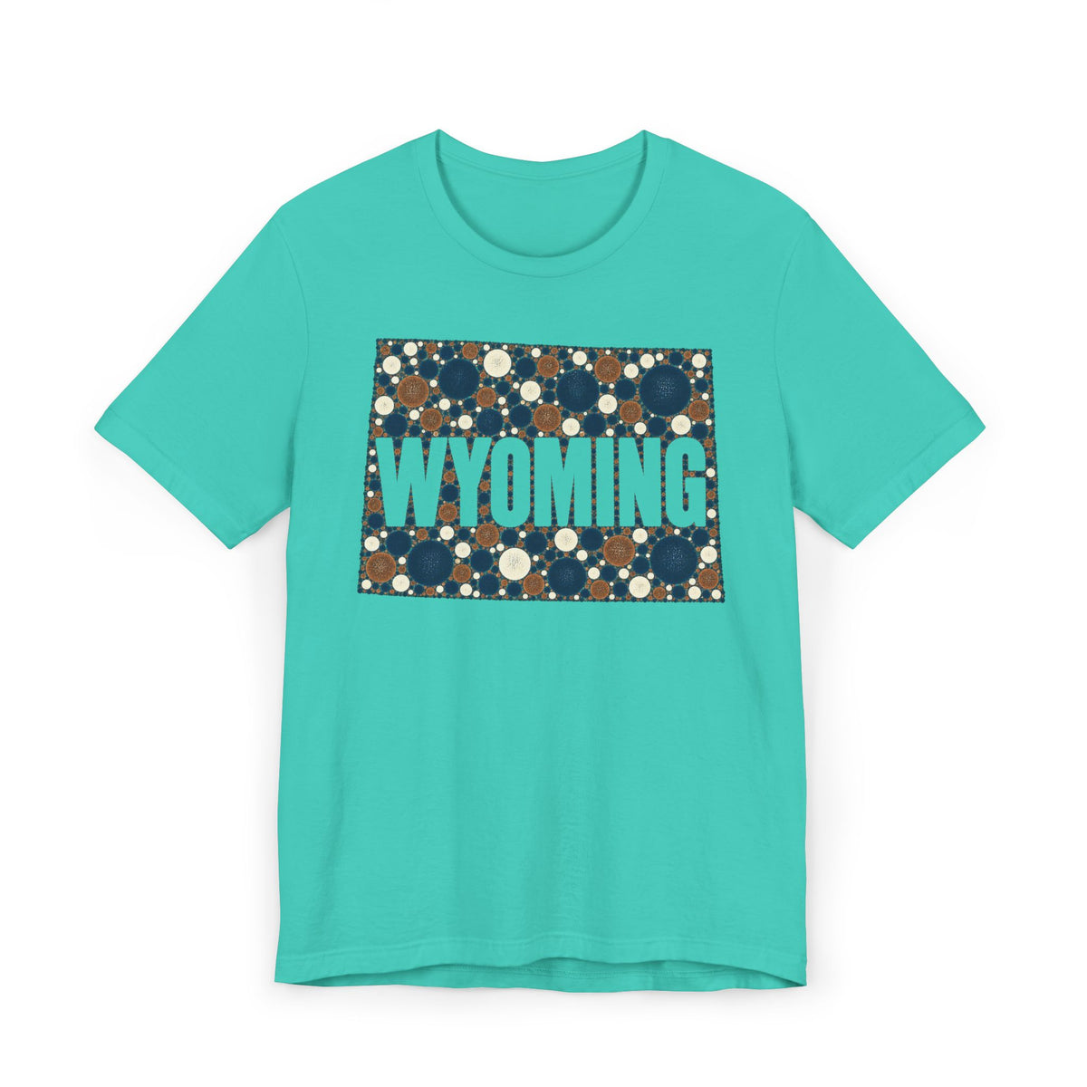 Teal crew-neck T-shirt with Wyoming polka-dot map graphic and WYOMING text