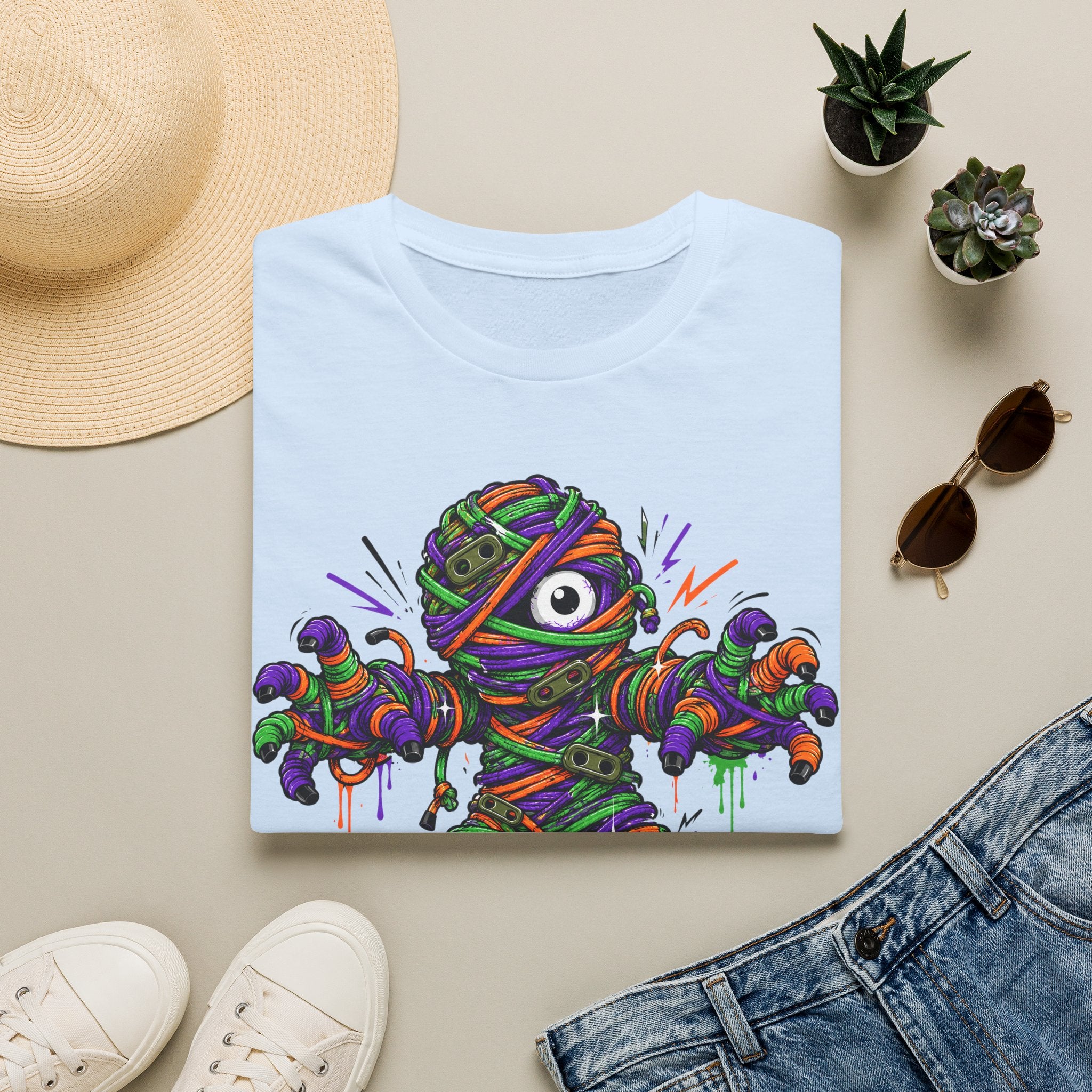 Light blue graphic T-shirt with rainbow-wrapped mummy monster eye illustration