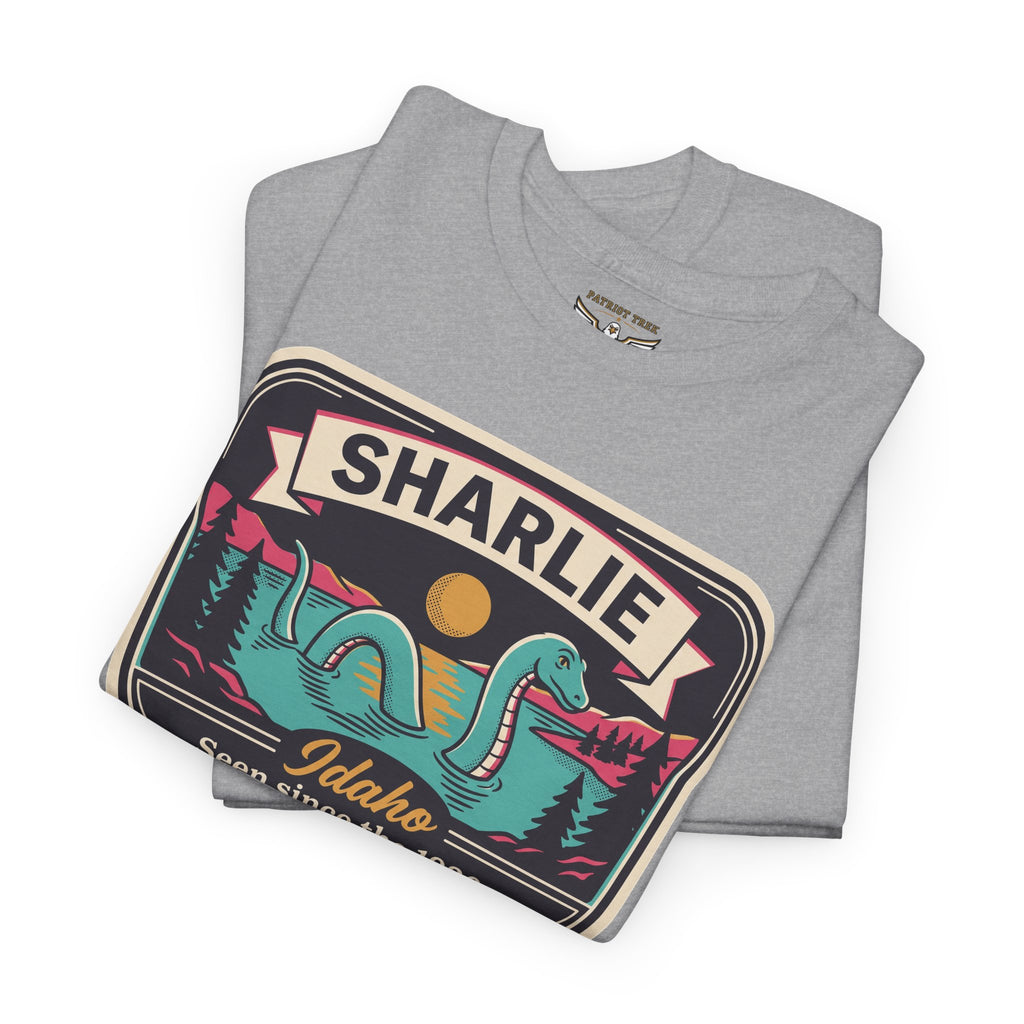 Gray T-shirt with large SHARLIE Idaho vintage landscape patch graphic on chest