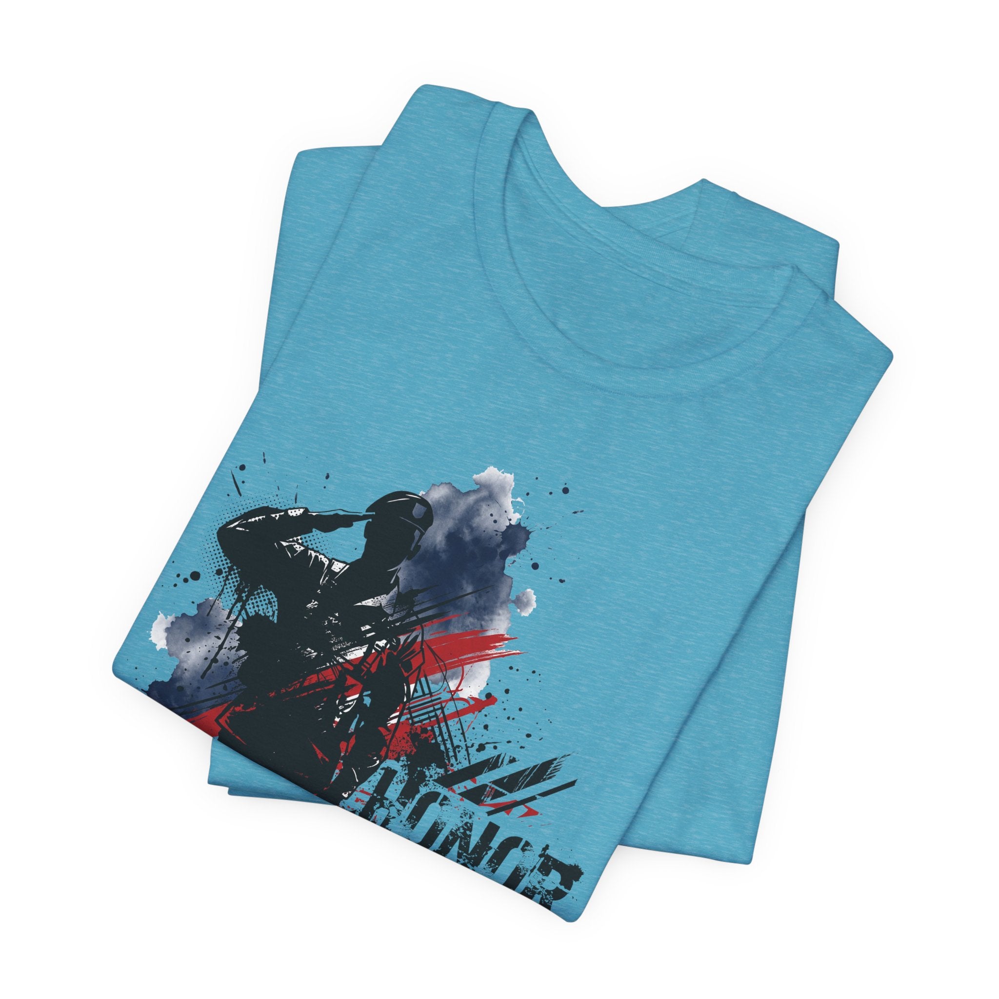 Light blue T-shirt with front printed soldier silhouette graphic in black, red, and blue