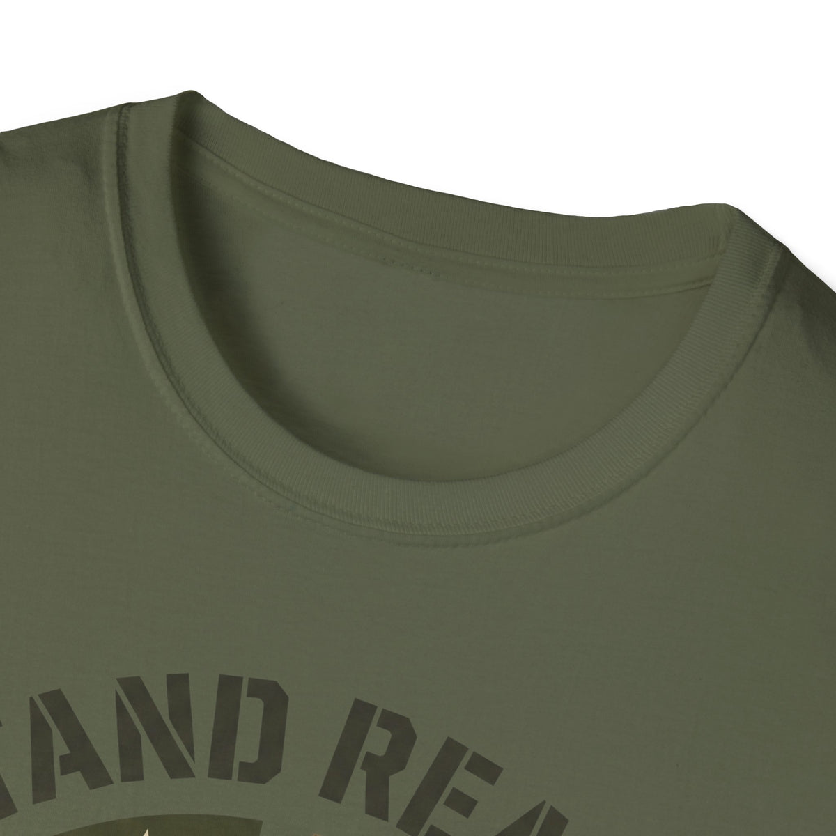 Military green crew-neck T-shirt with partial “STAND READY” text close-up