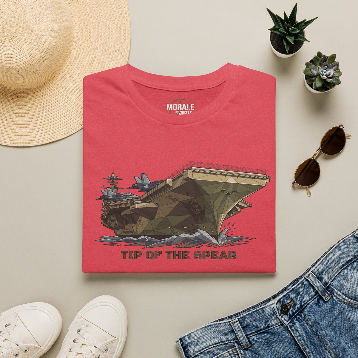 Red military tank T-shirt with front tank graphic and 'TIP OF THE SPEAR' text