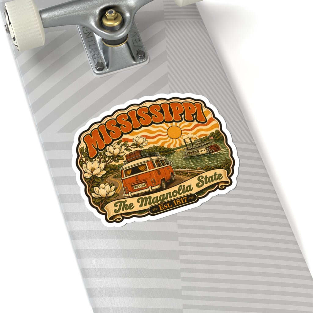 Mississippi retro state sticker on striped notebook paper, orange van and riverboat artwork