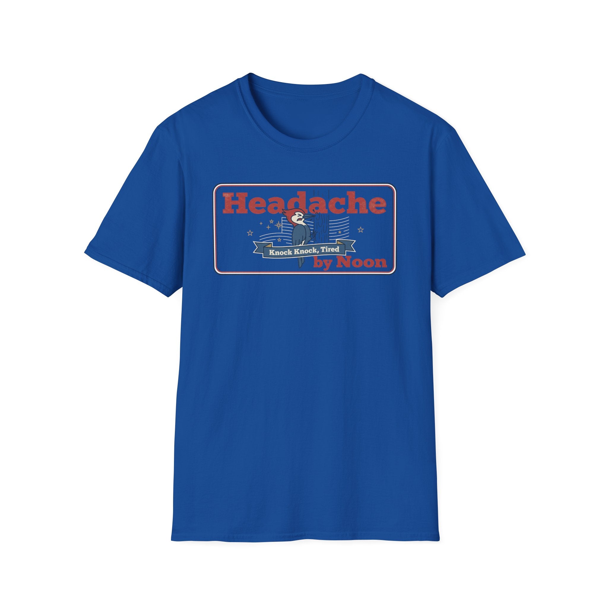 Blue graphic T-shirt with rectangular "Headache" print on the chest