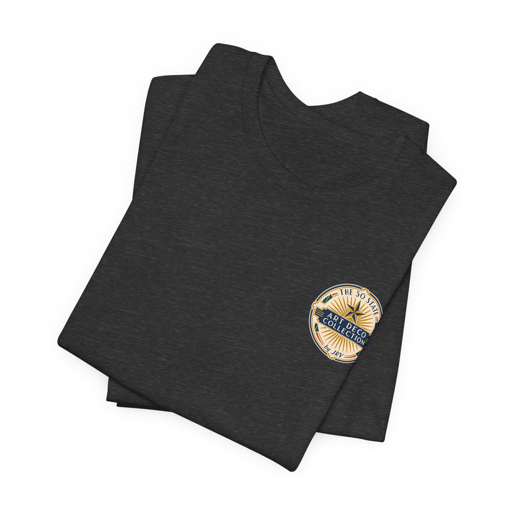 Black crew-neck T-shirt with small circular logo patch on chest, folded set