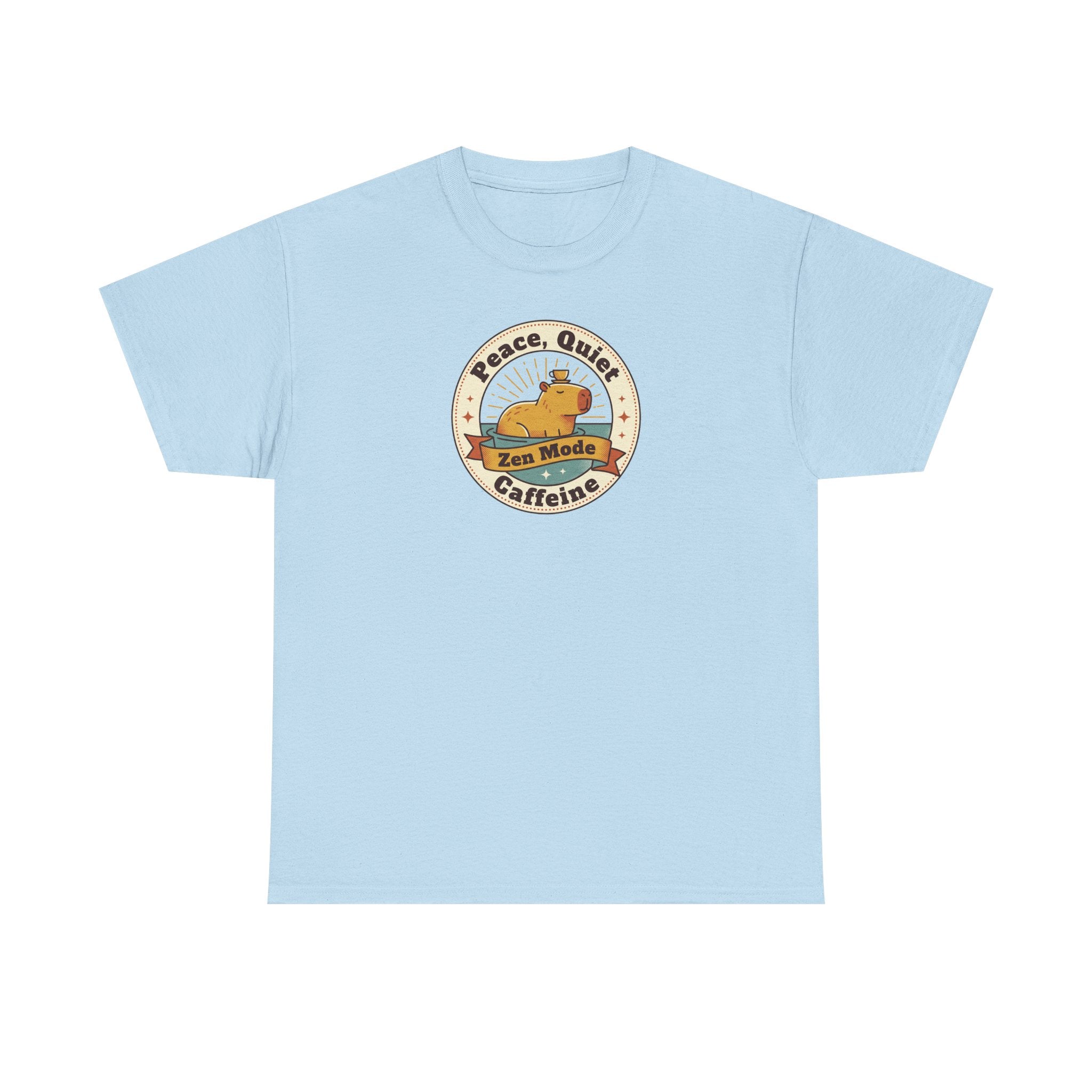 Light blue crew neck T-shirt with Peace Quiet Caffeine Zen Mode circular emblem