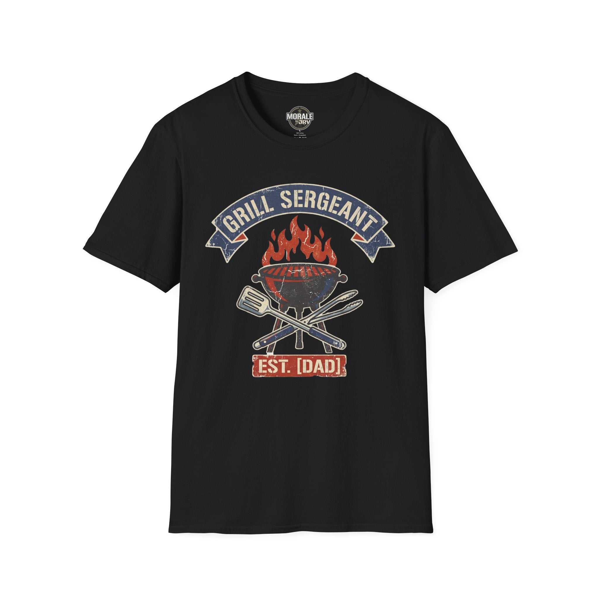 Black Grill Sergeant BBQ T-shirt with flaming grill, crossed tools, and “EST. [IDADD]” graphic