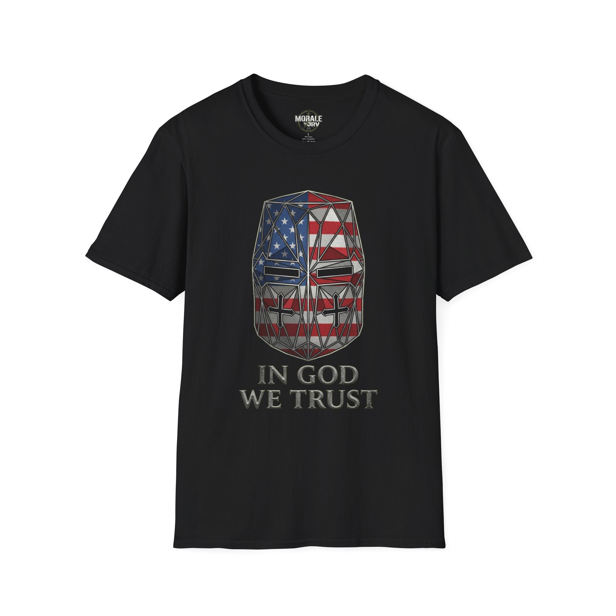 Black T-shirt with crusader helmet flag graphic and “IN GOD WE TRUST”