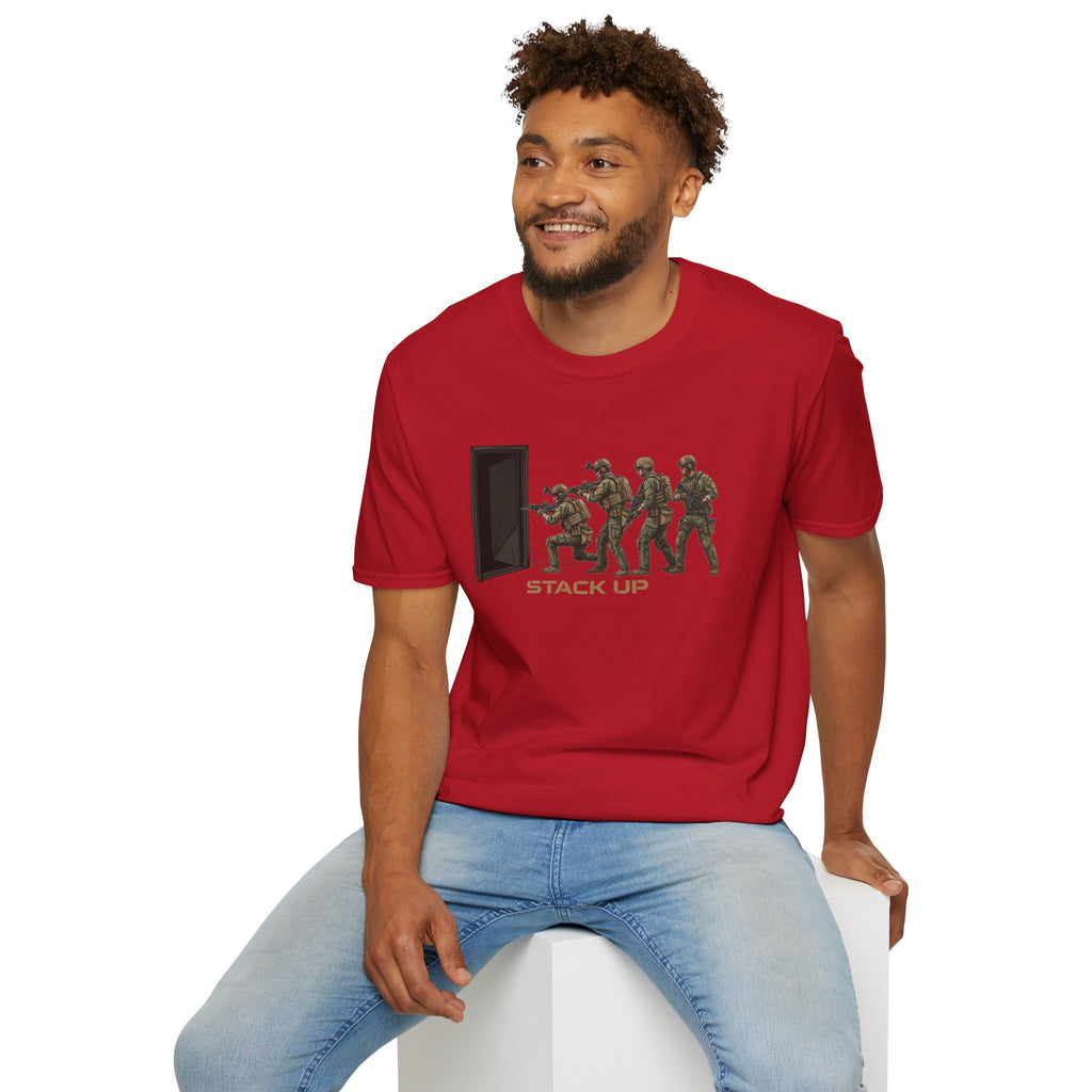 Red T-shirt with 'Stack Up' door breach soldier graphic