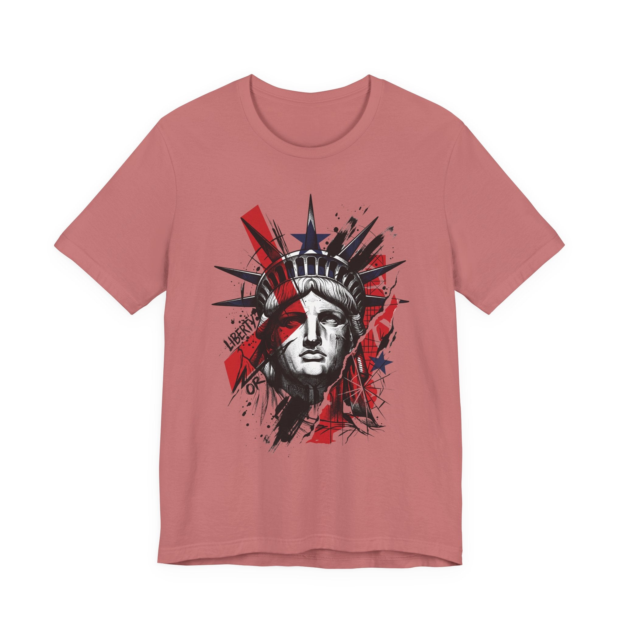 Rose pink graphic t-shirt with Statue of Liberty face illustration in red and black