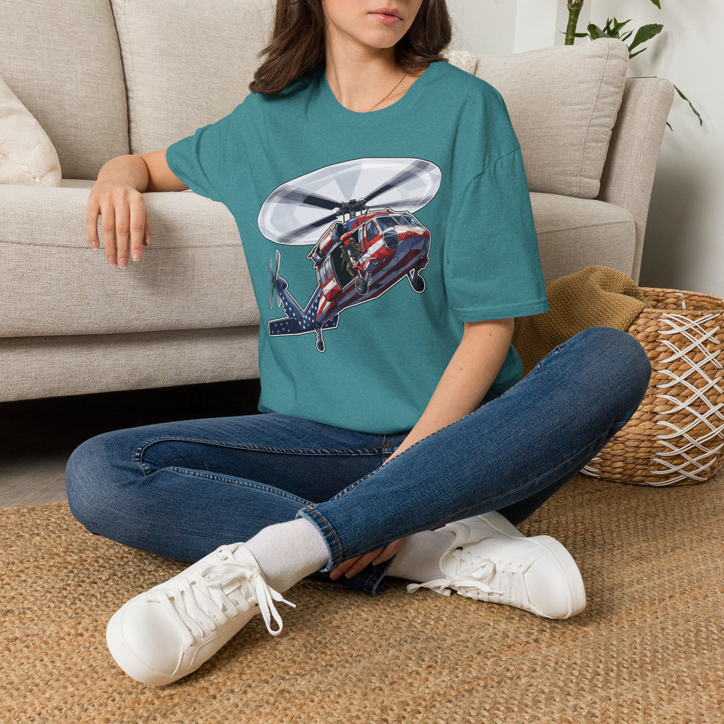 Rescue helicopter T-shirt in teal heather with red-and-blue helicopter graphic on chest