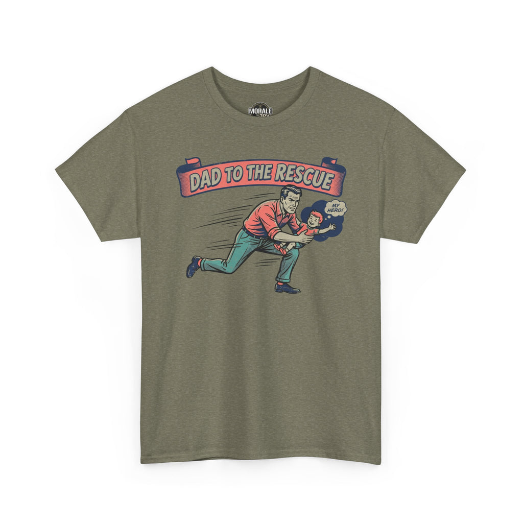 Dad to the Rescue T-Shirt (Heather Military Green) front print: dad rescuing child