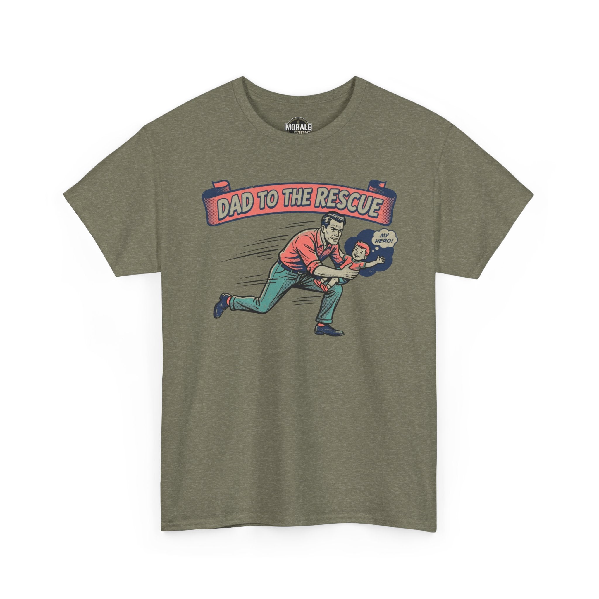 Dad to the Rescue T-Shirt (Heather Military Green) front print: dad rescuing child