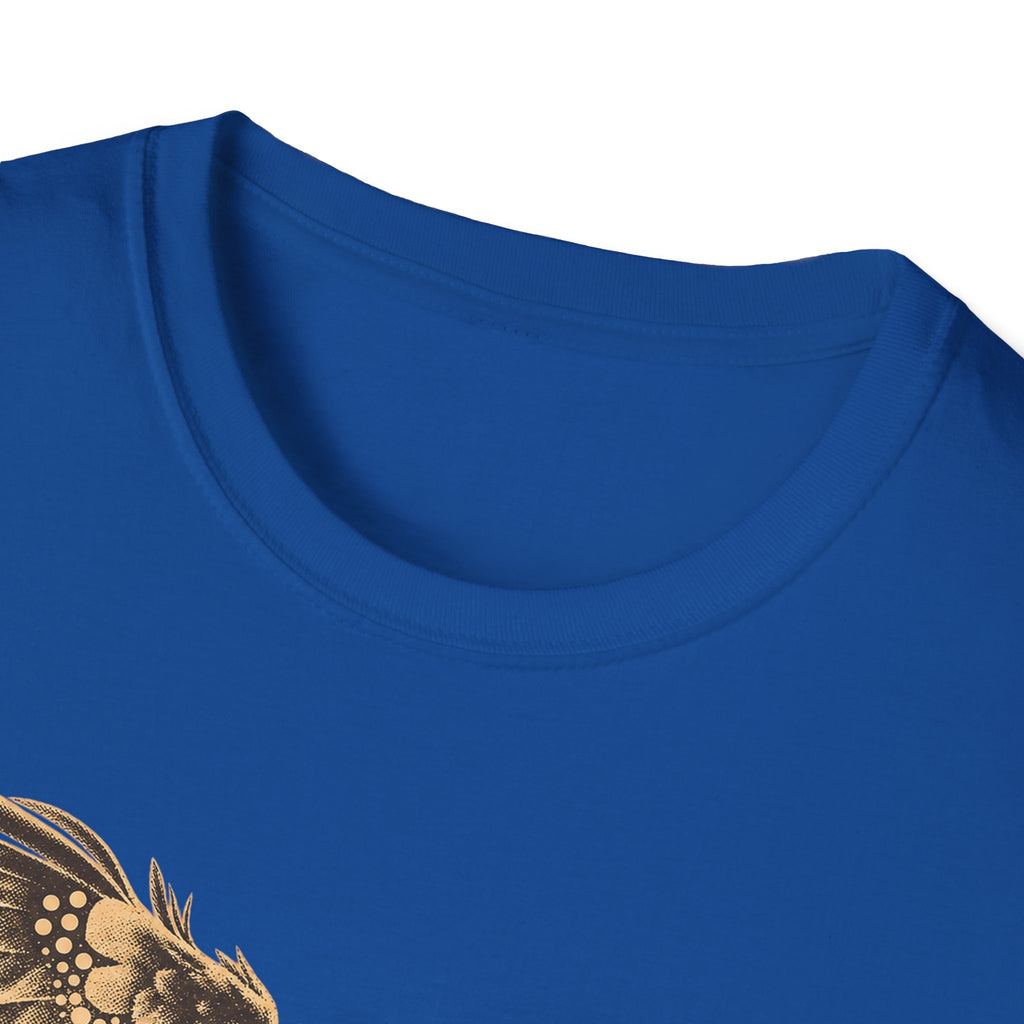Eagle wildlife graphic T-shirt, royal blue crew neck close-up