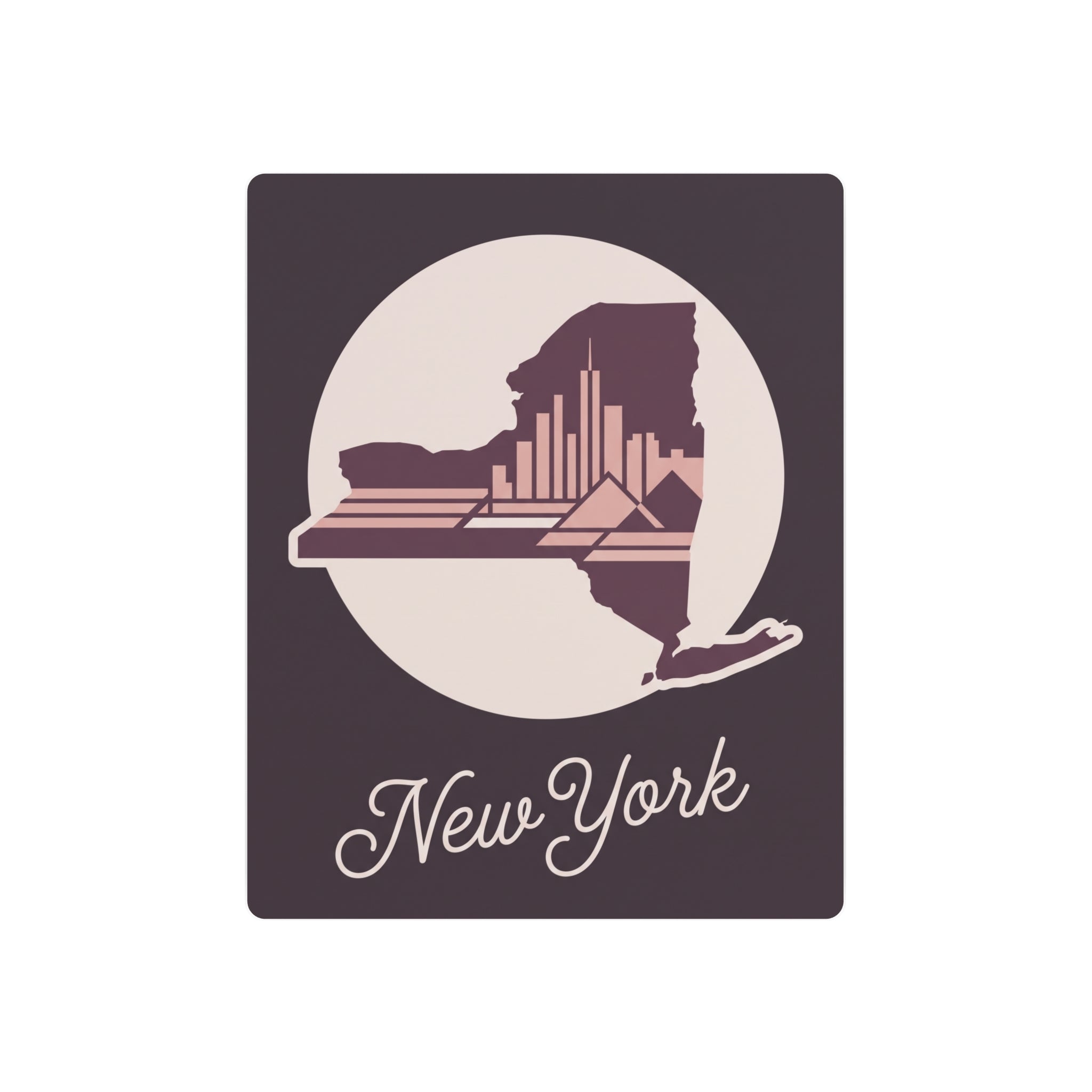 Square metal wall art with circular New York skyline silhouette and script “New York”.
