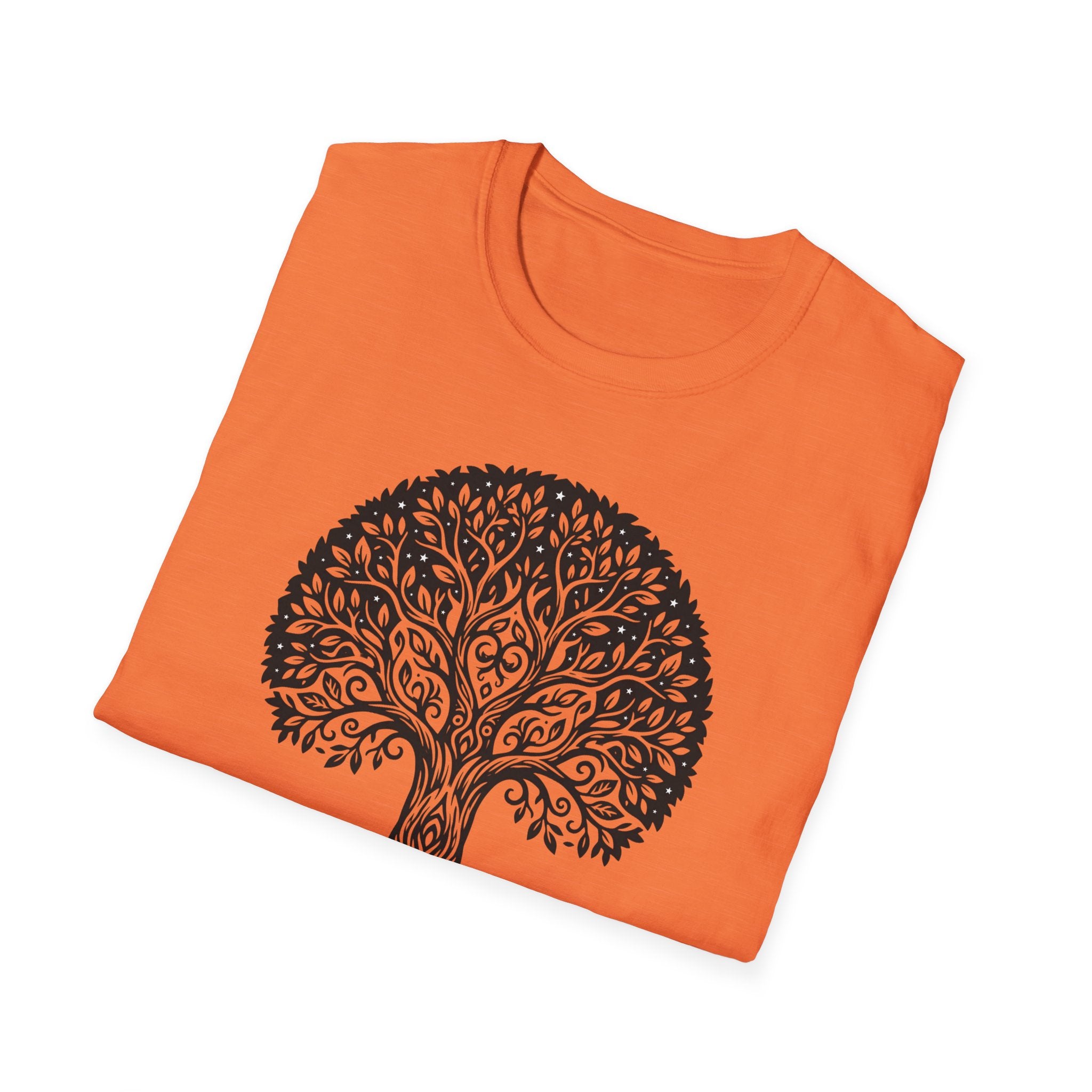 Orange T-shirt with detailed black tree of life Art Nouveau botanical graphic