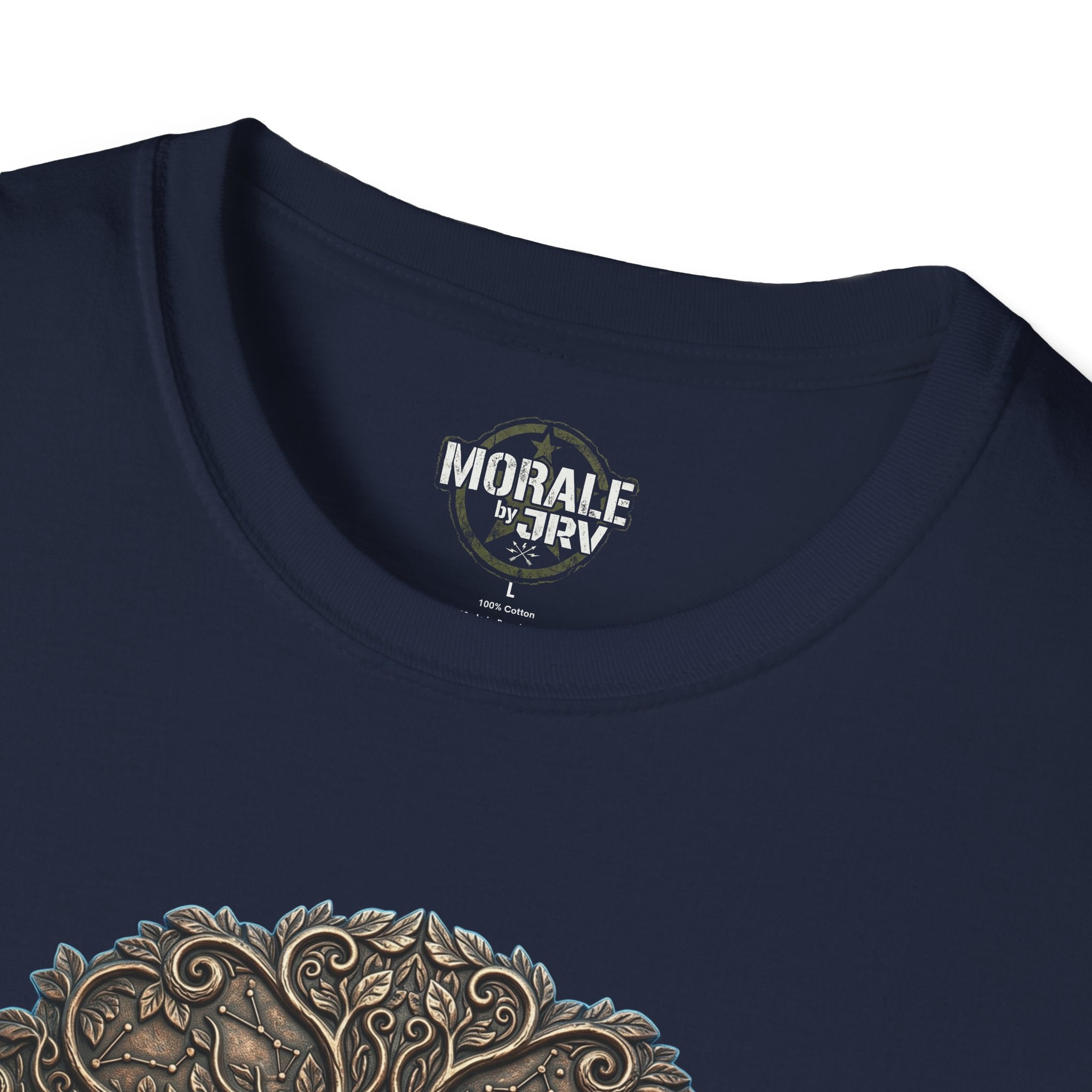 Navy T-shirt neckline with small logo print