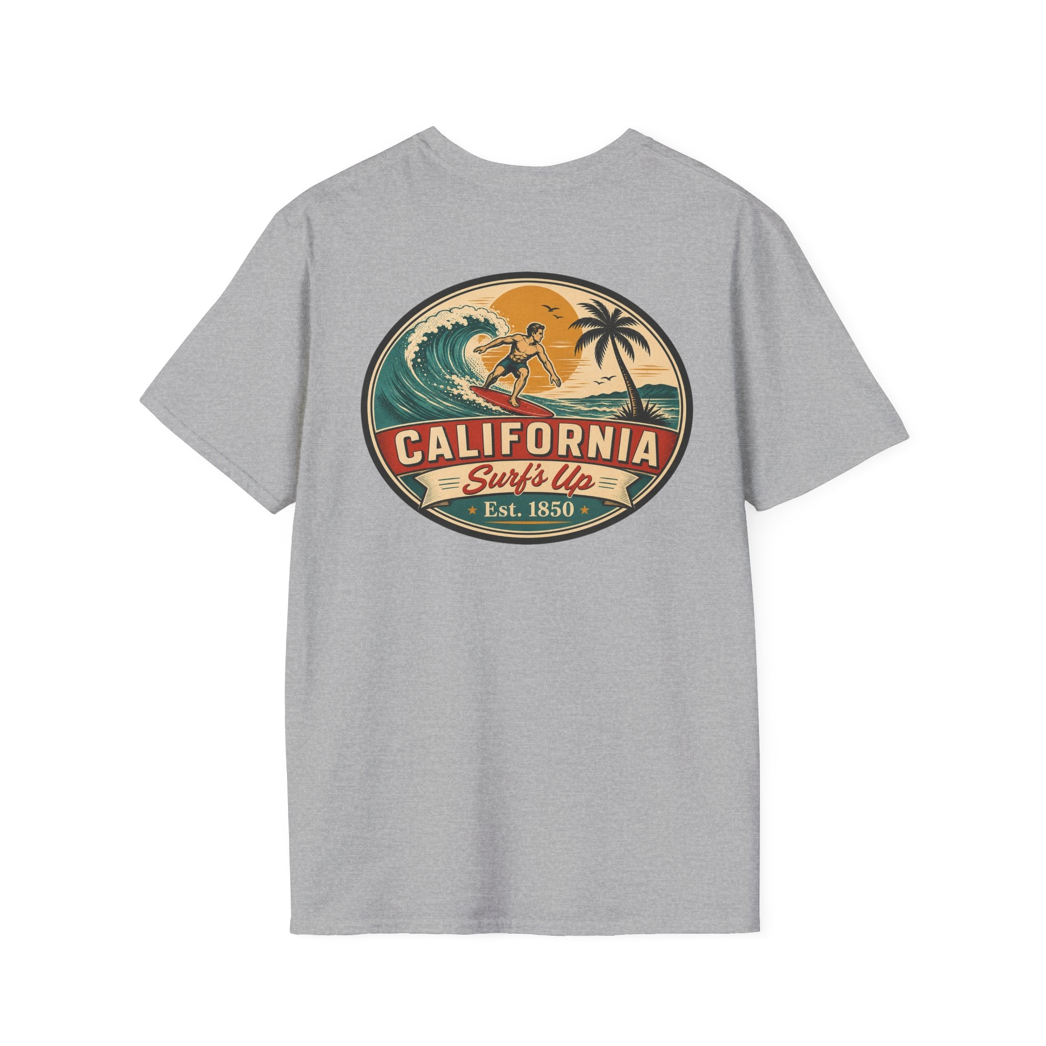 Sport gray California Surfs Up T-shirt with oval surf graphic on chest