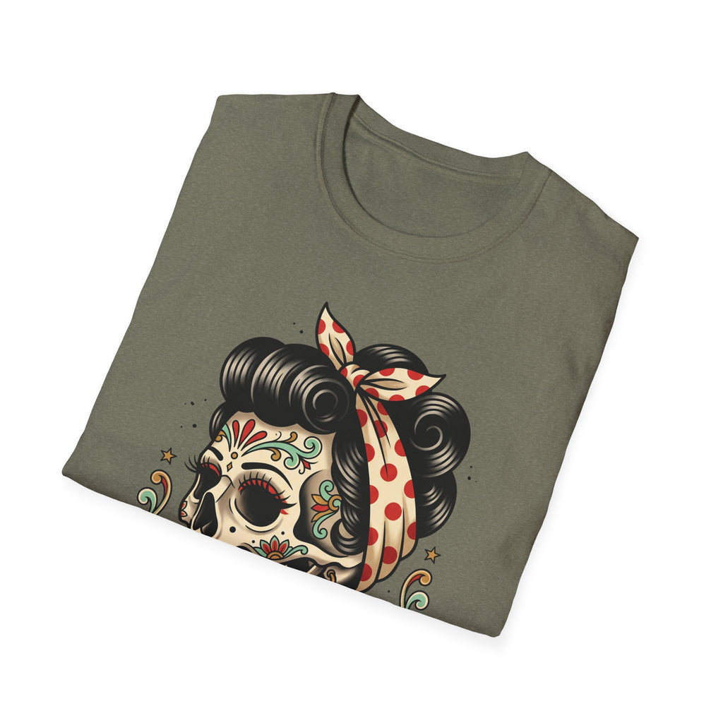 Military green T-shirt close-up of pinup sugar skull bow and hair design