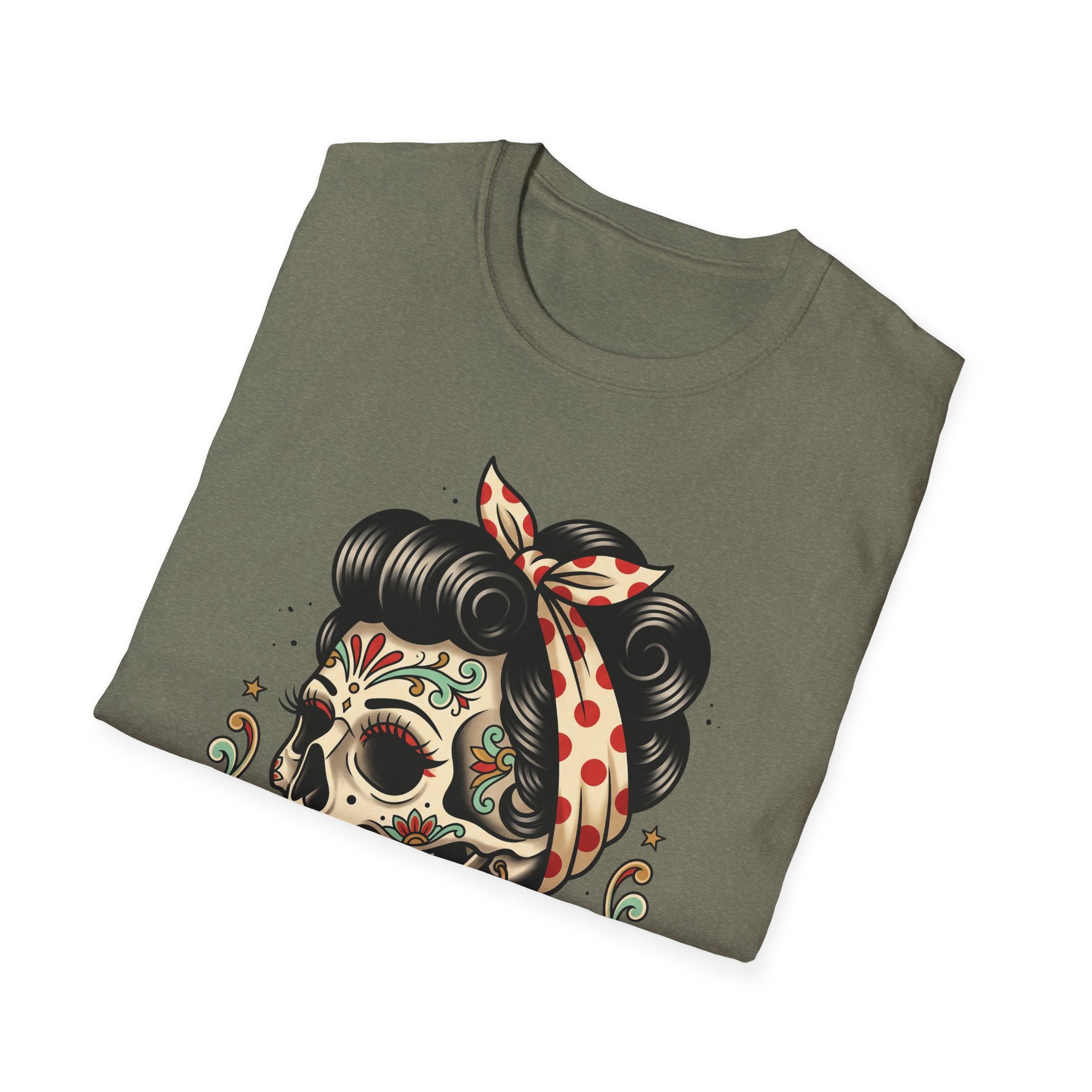 Military green T-shirt close-up of pinup sugar skull bow and hair design