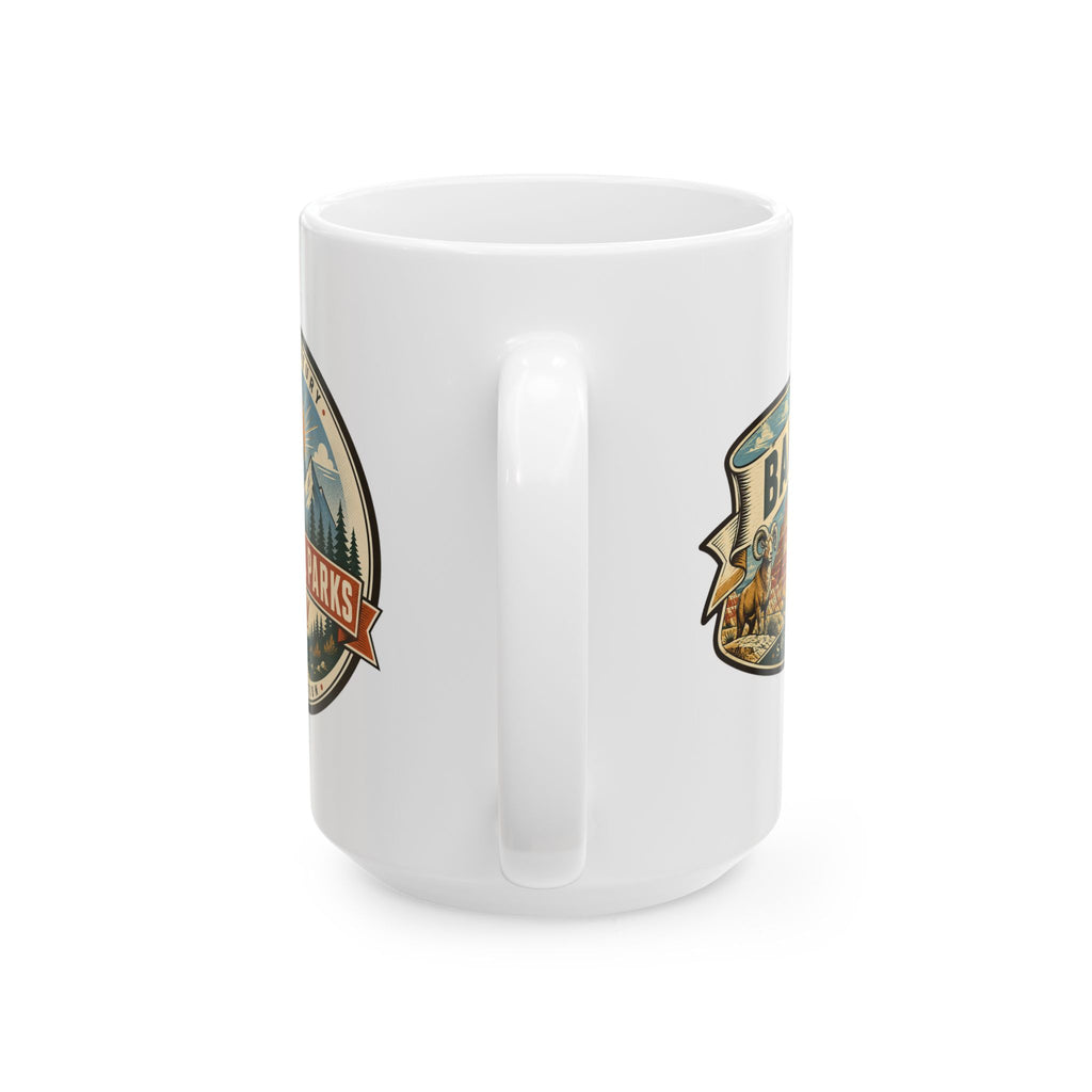 White ceramic mug showing two Badlands logos on the sides