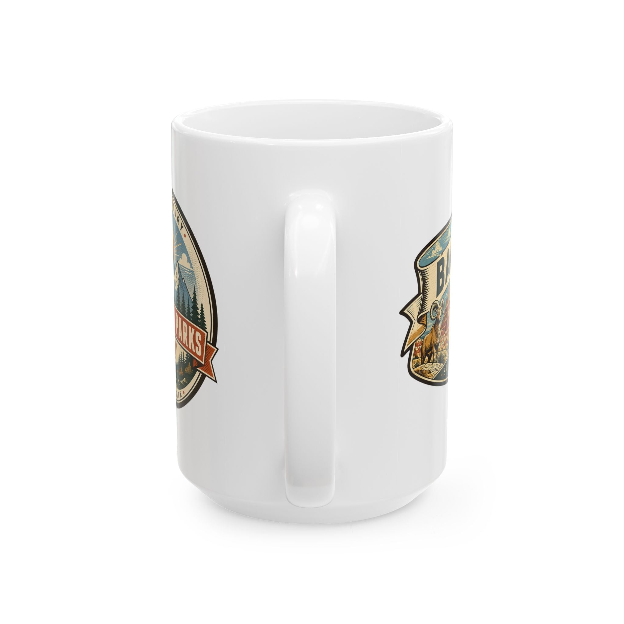 White ceramic mug showing two Badlands logos on the sides