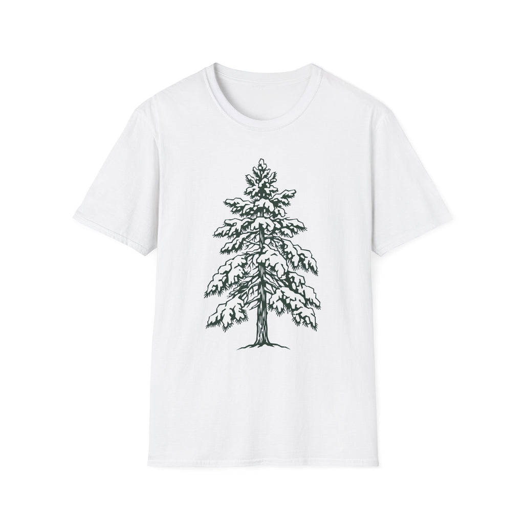 Snowy pine tree graphic T-shirt on white fabric