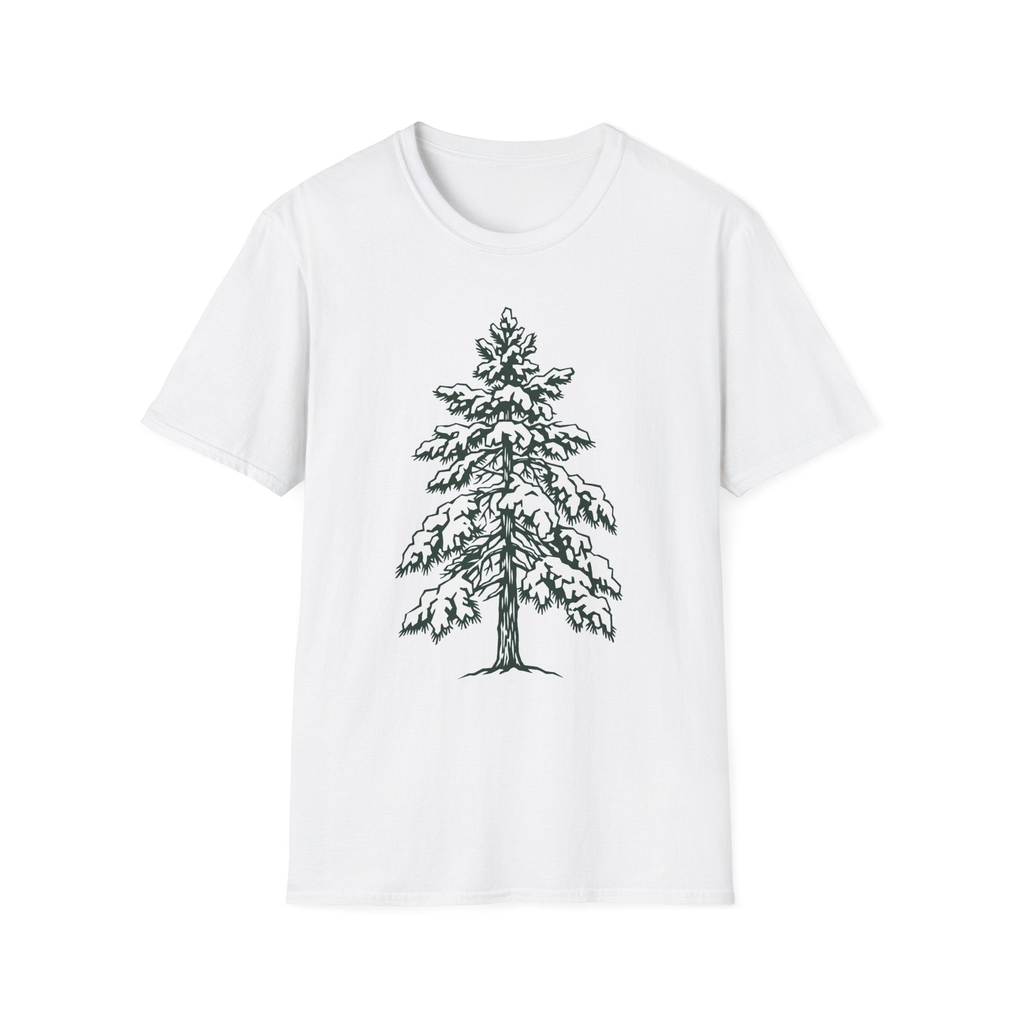 Snowy pine tree graphic T-shirt on white fabric