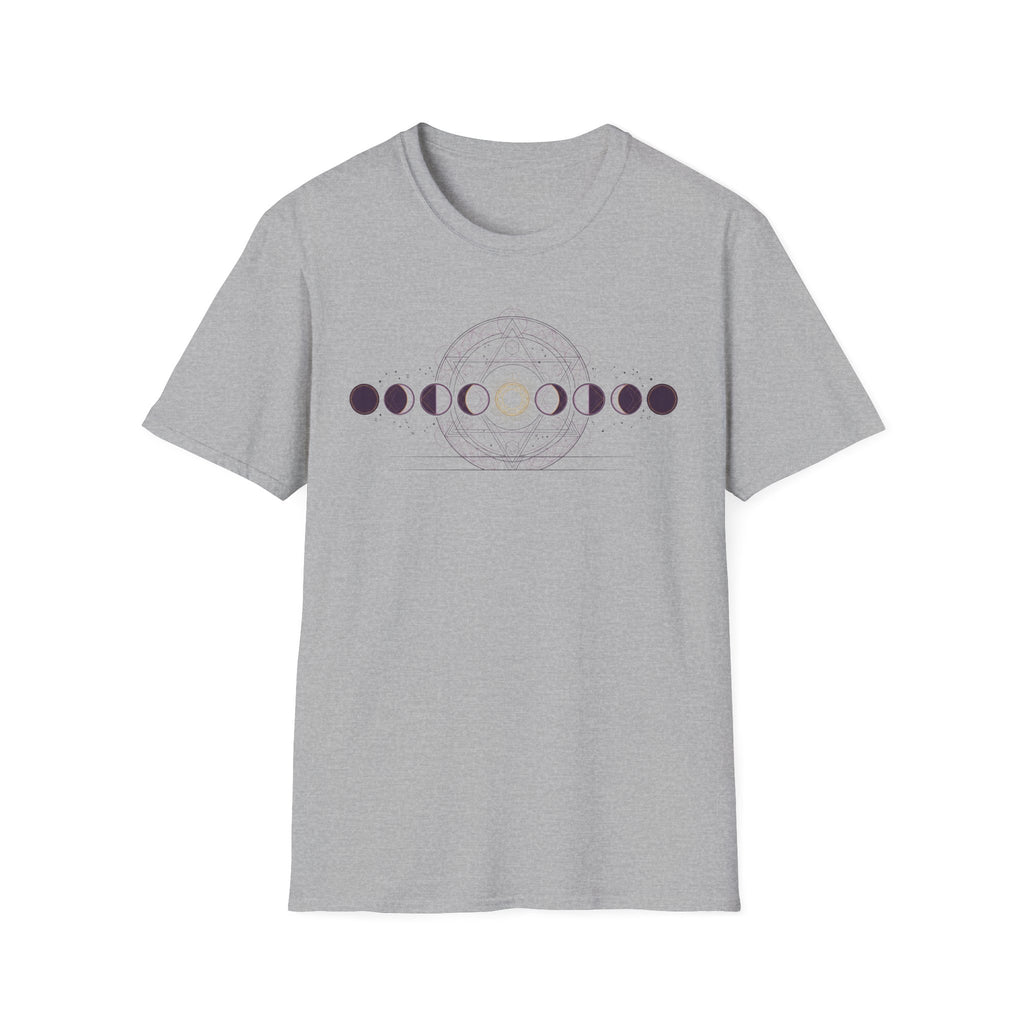 Moon phases graphic T-shirt, light gray with purple circle-and-arc design on front