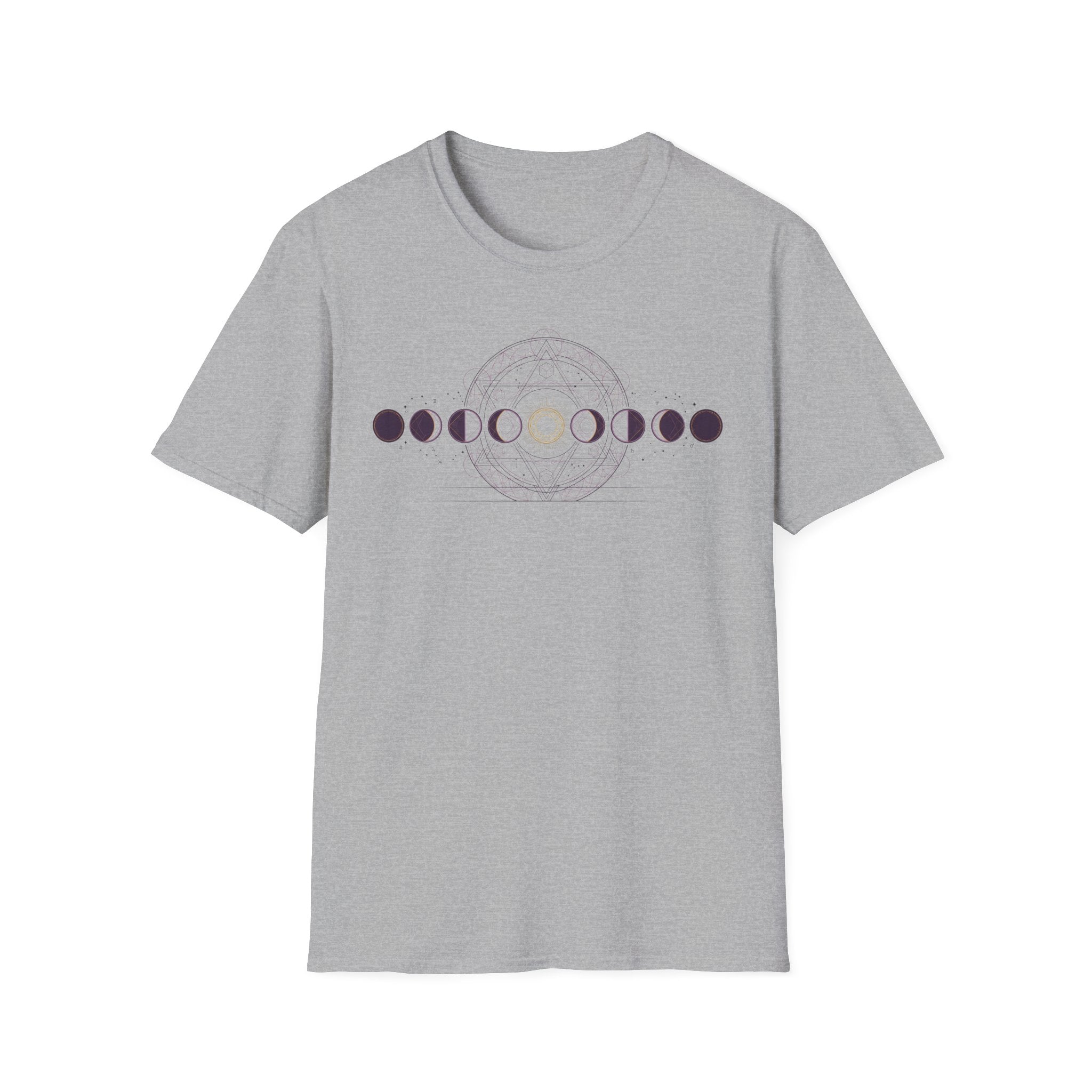 Moon phases graphic T-shirt, light gray with purple circle-and-arc design on front