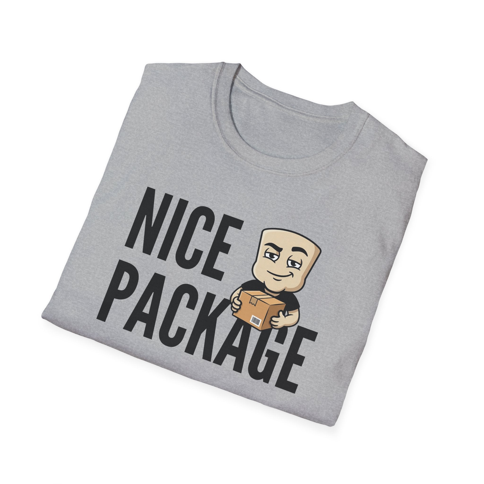 Light gray T-shirt with 'NICE PACKAGE' text and cartoon delivery worker holding a box.