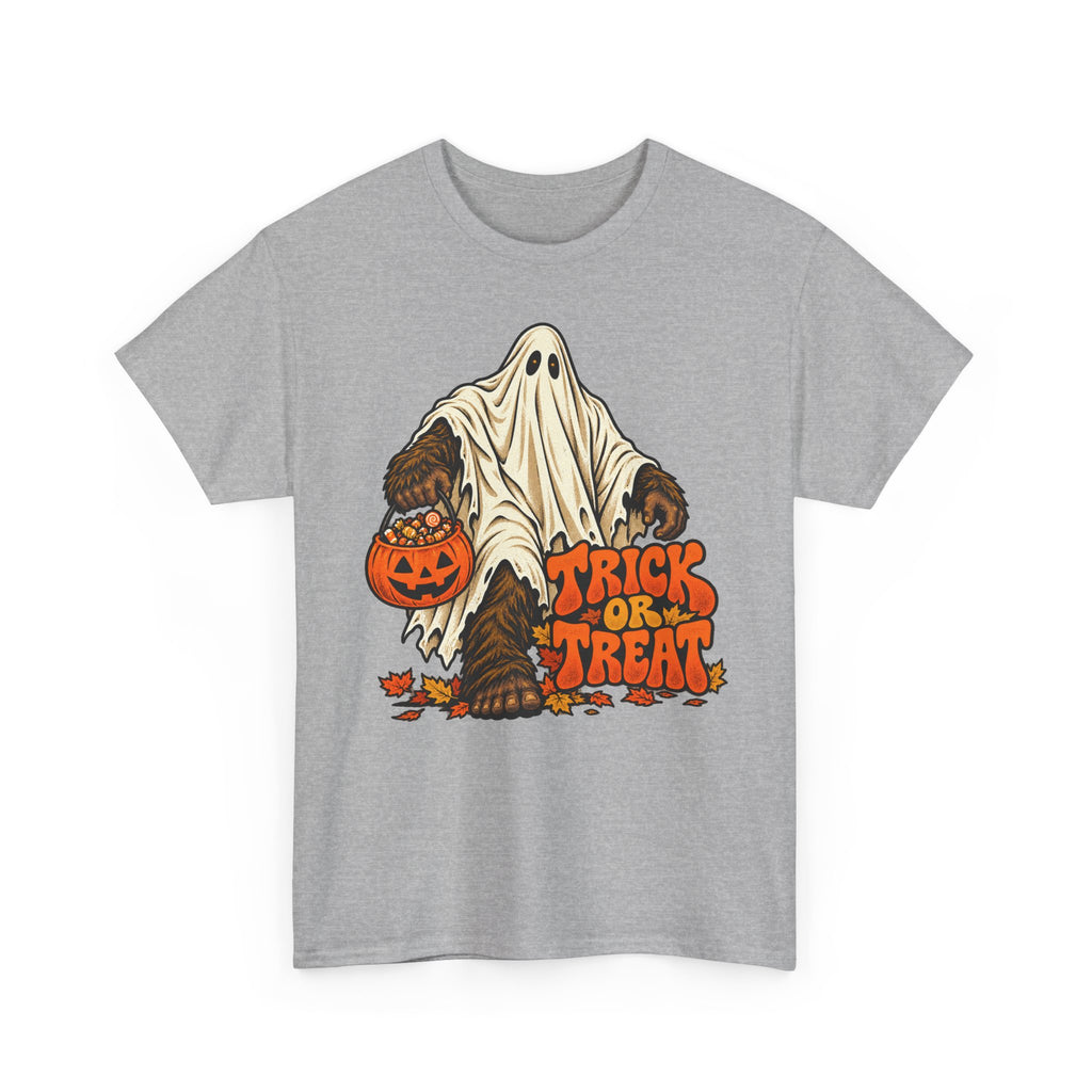 Light gray crew neck T-shirt with Bigfoot ghost holding a jack-o’-lantern, “Tricks or Treats”