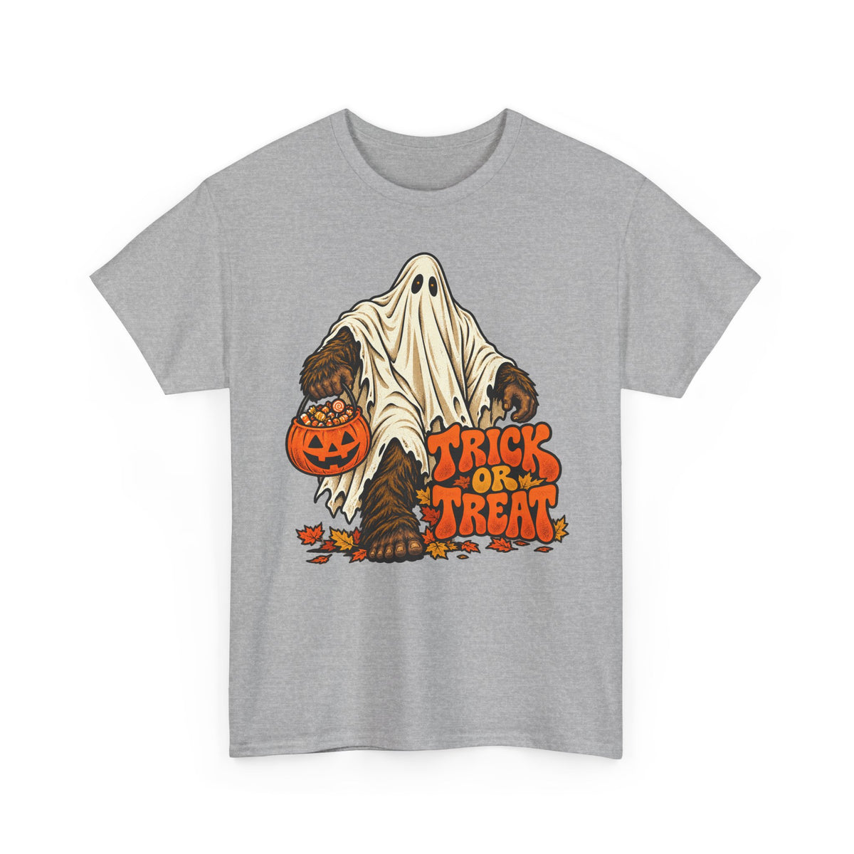 Light gray crew neck T-shirt with Bigfoot ghost holding a jack-o’-lantern, “Tricks or Treats”