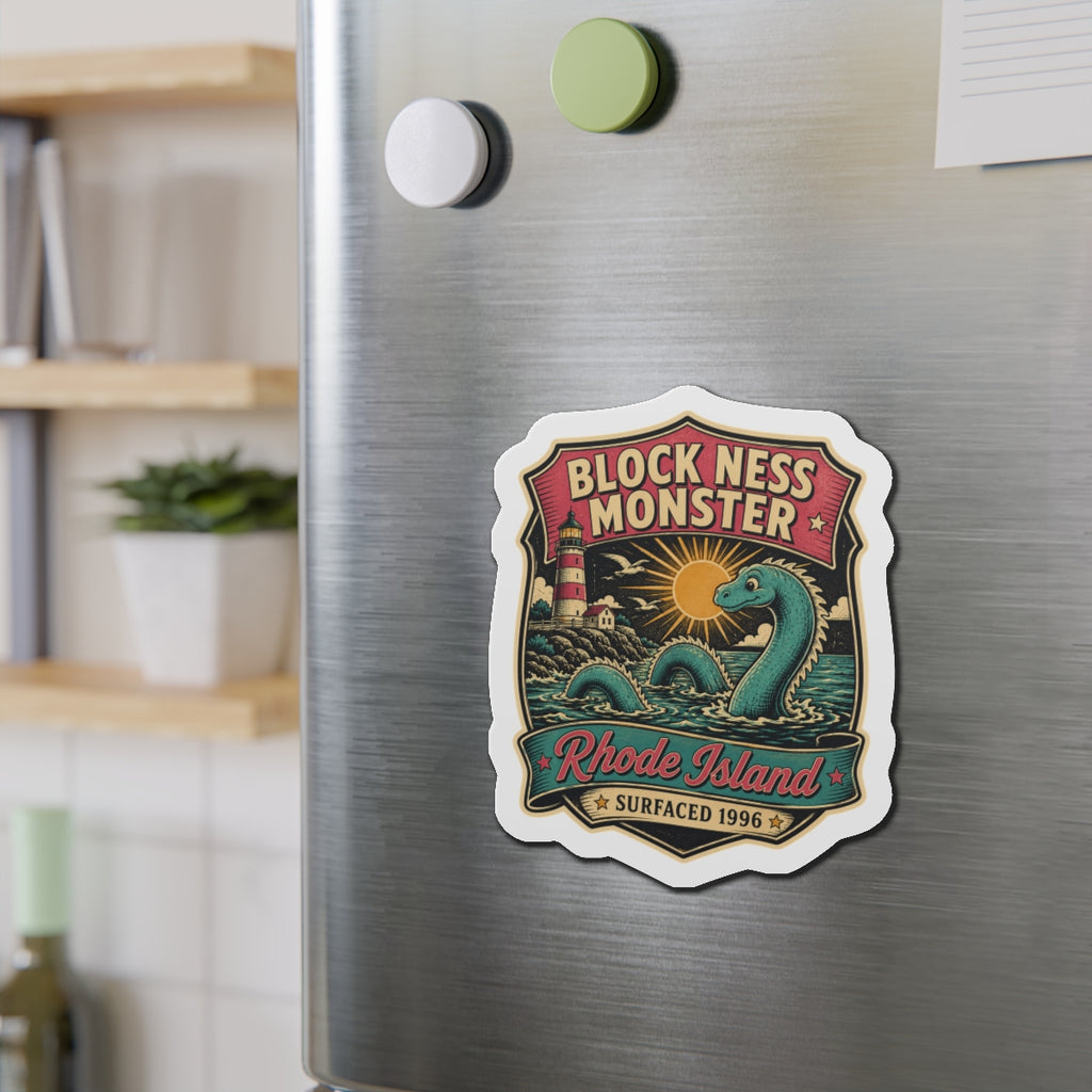 Die-cut fridge magnet with teal sea monster, lighthouse scene, and Rhode Island label