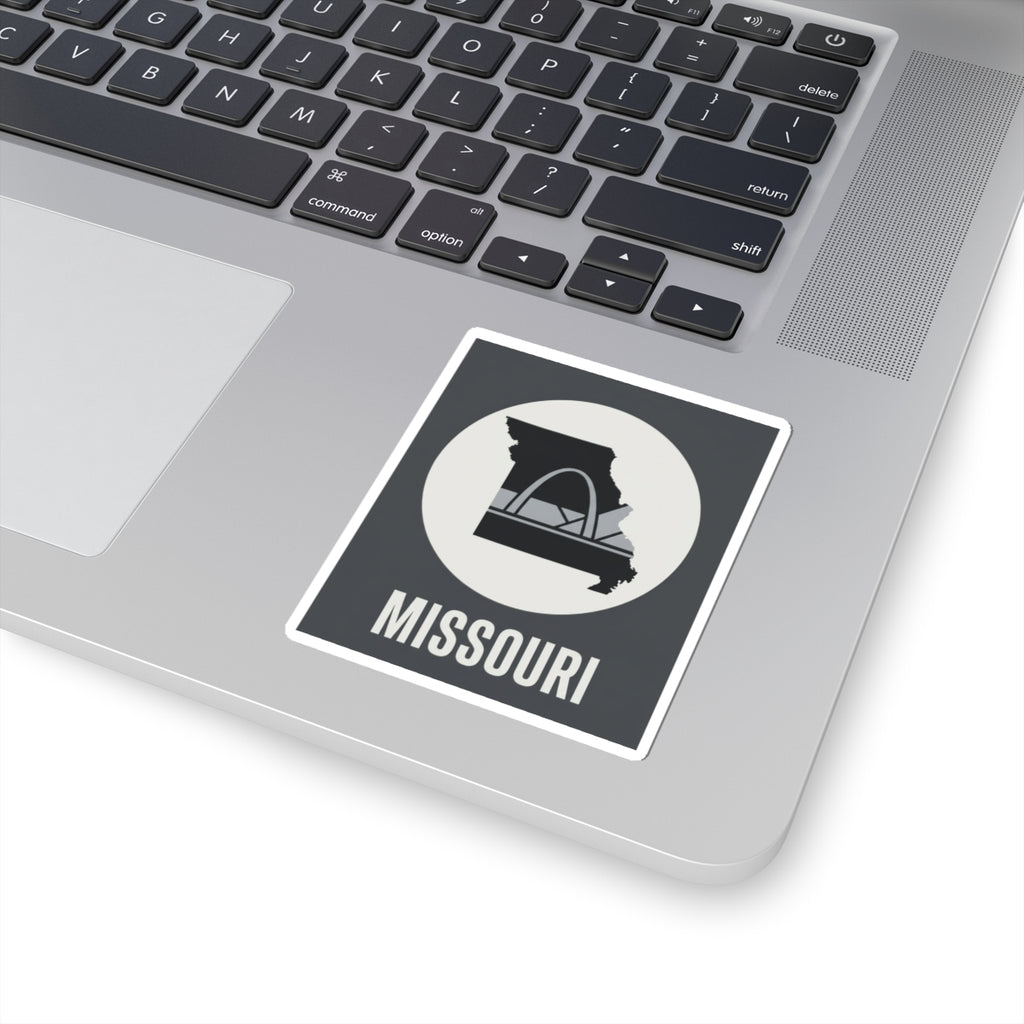 Missouri sticker with circular Gateway Arch icon and “MISSOURI” text on a laptop